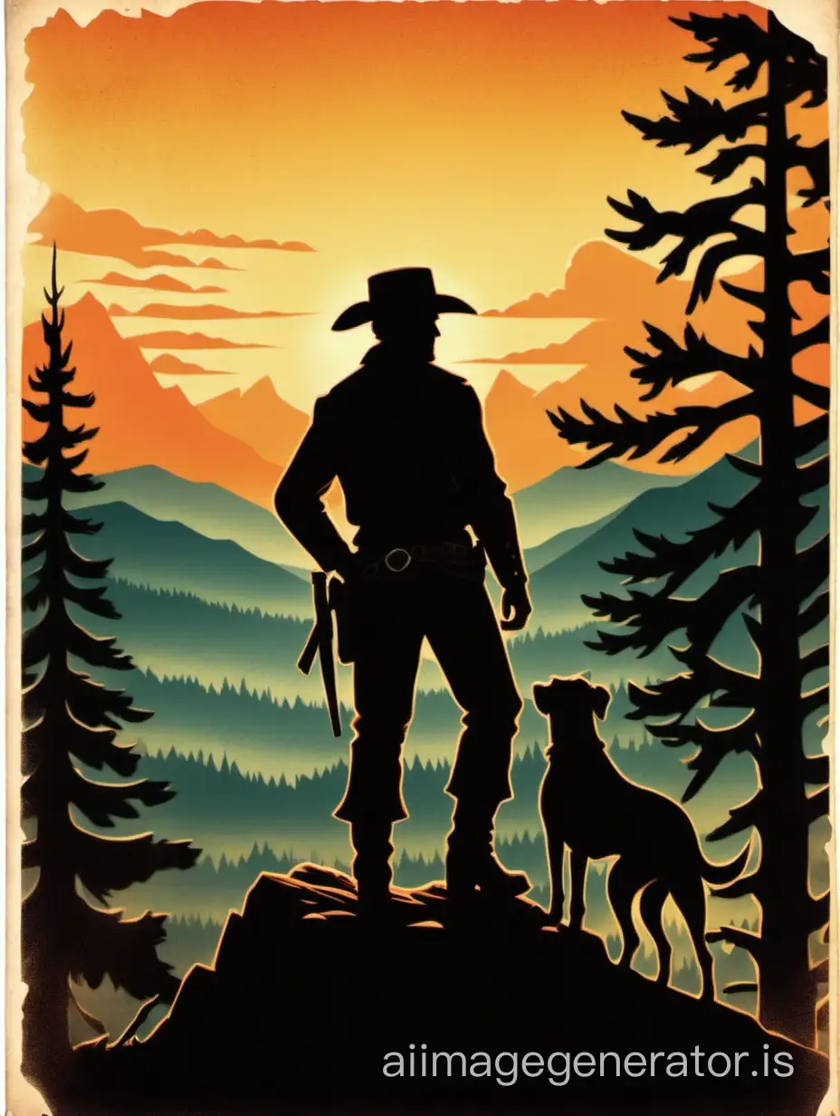postcard , old-fashioned style,   forest scene, sunset, silhouette of brave strong man hunter standing on the hill,  cowboy hat,   dog near man. with mountains in distance