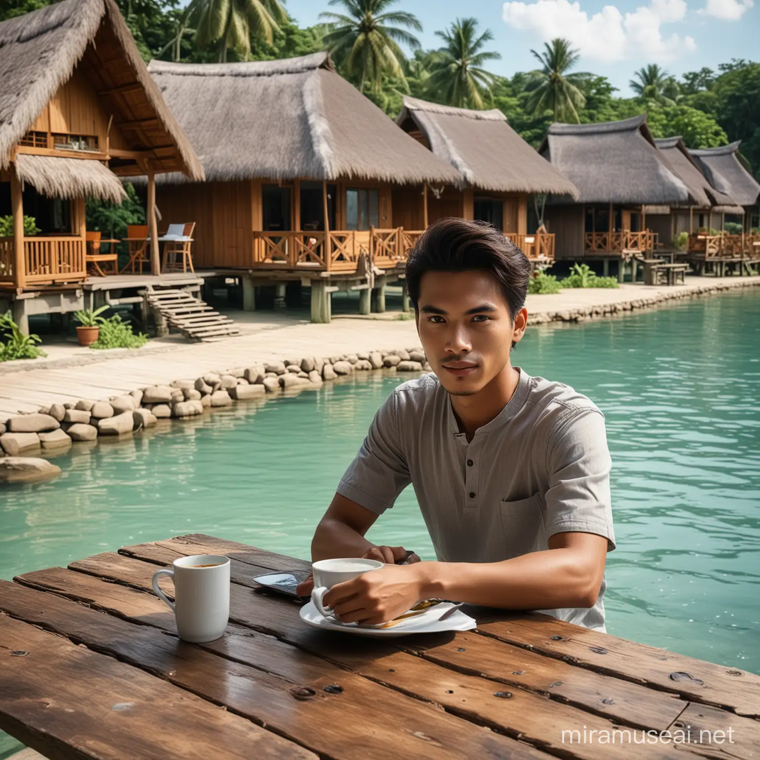 Indonesian Man Enjoying Coffee on Terrace Overlooking Resort Village by Clear Water