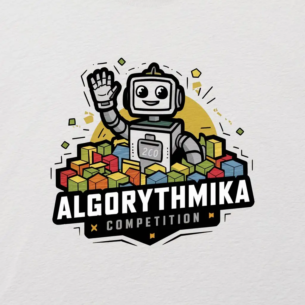 логотип на сертификат конкурса "Алгоритмика" робот машет рукой на фоне кубиков