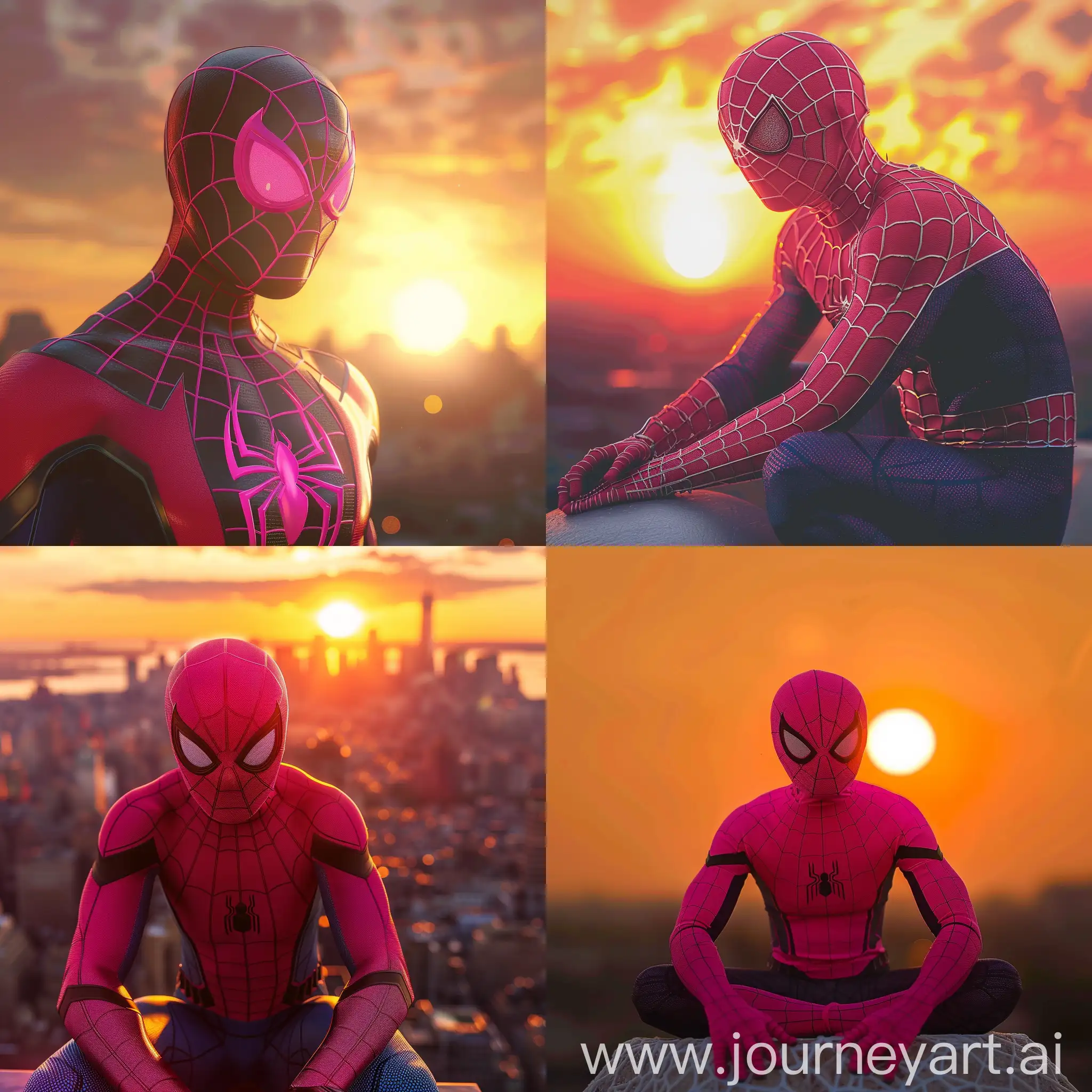 pink spiderman at the background sun set