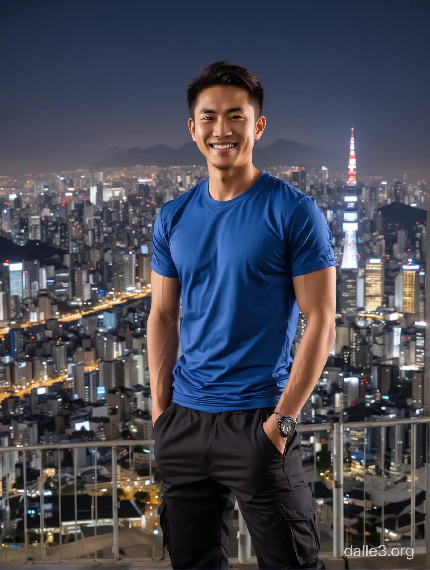 Photo of an Indonesian young man, fit body, wearing a blue T-shirts and black tactical trousers, striking a pose and smile, with the stunning backdrop of japan city, in the night 