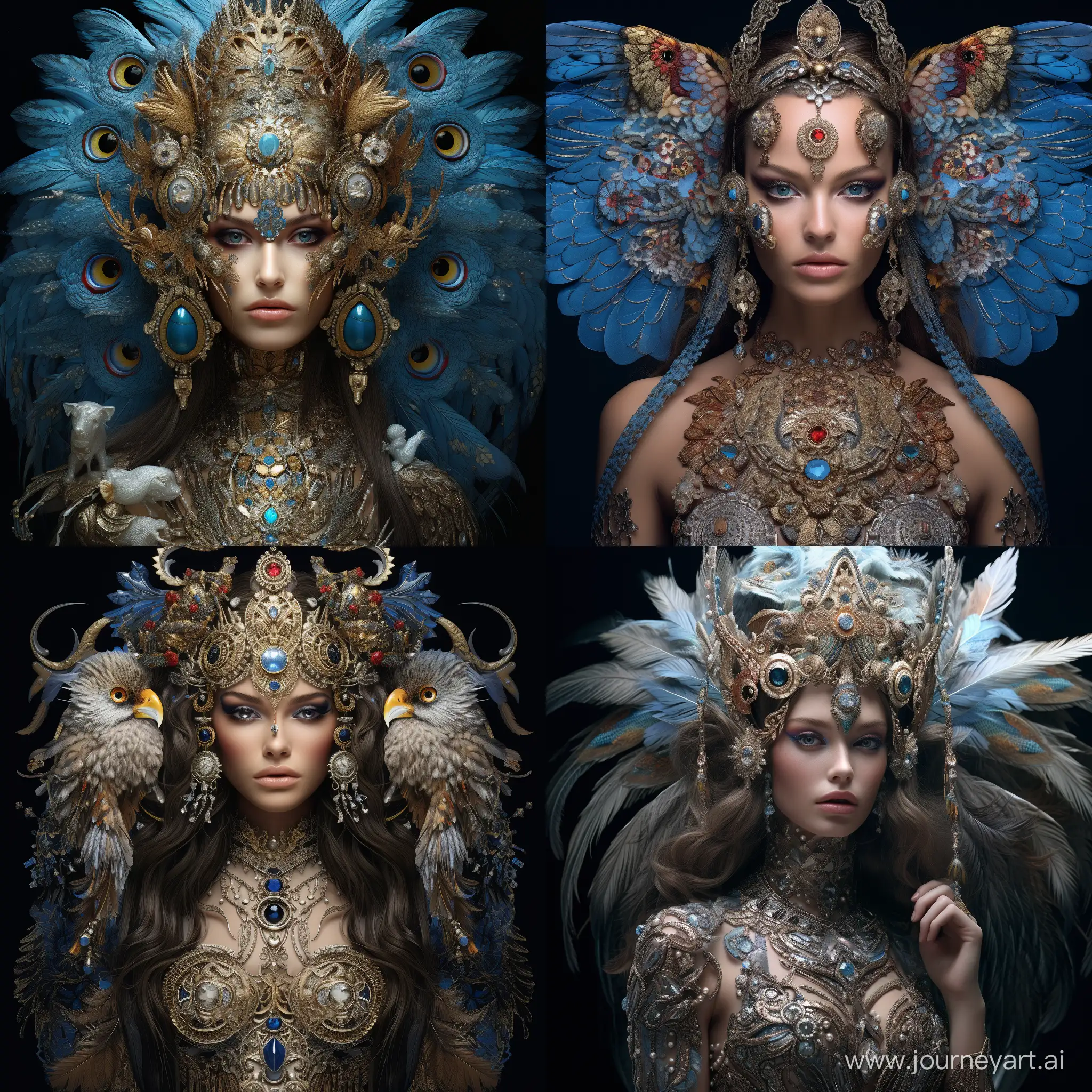 a stunning interpretation of a WOMAN combined with an OWL, a masterpiece, highly detailed and intricate, hypermaximalistic, ornate, luxurious, elite, sinister, decorated with precious stones, sequins, ornamental, cinematic, cgsociety, in the style of realistic and super-detailed images, detailed facial features, intricate jewelry, layered realism, intricately mapped worlds