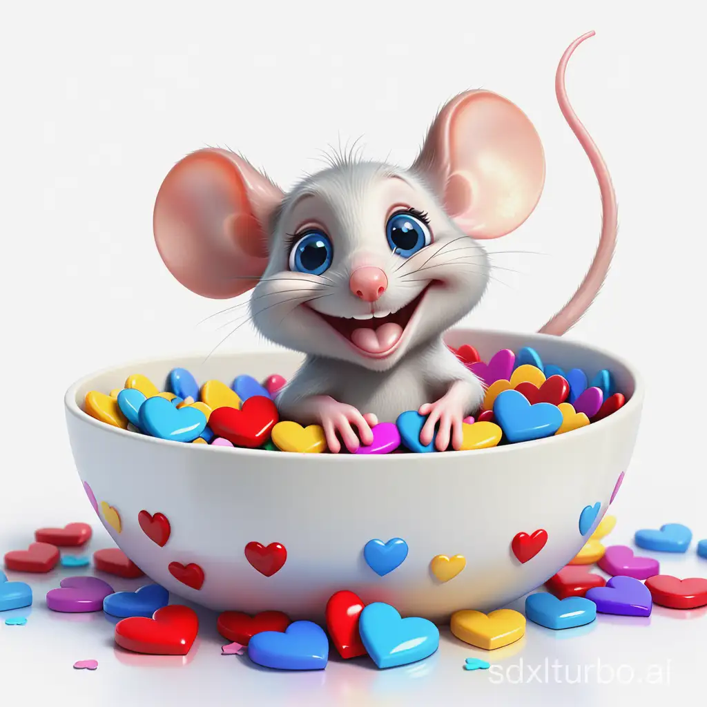 Cartoon-Mouse-with-Colored-Hearts-on-White-Background
