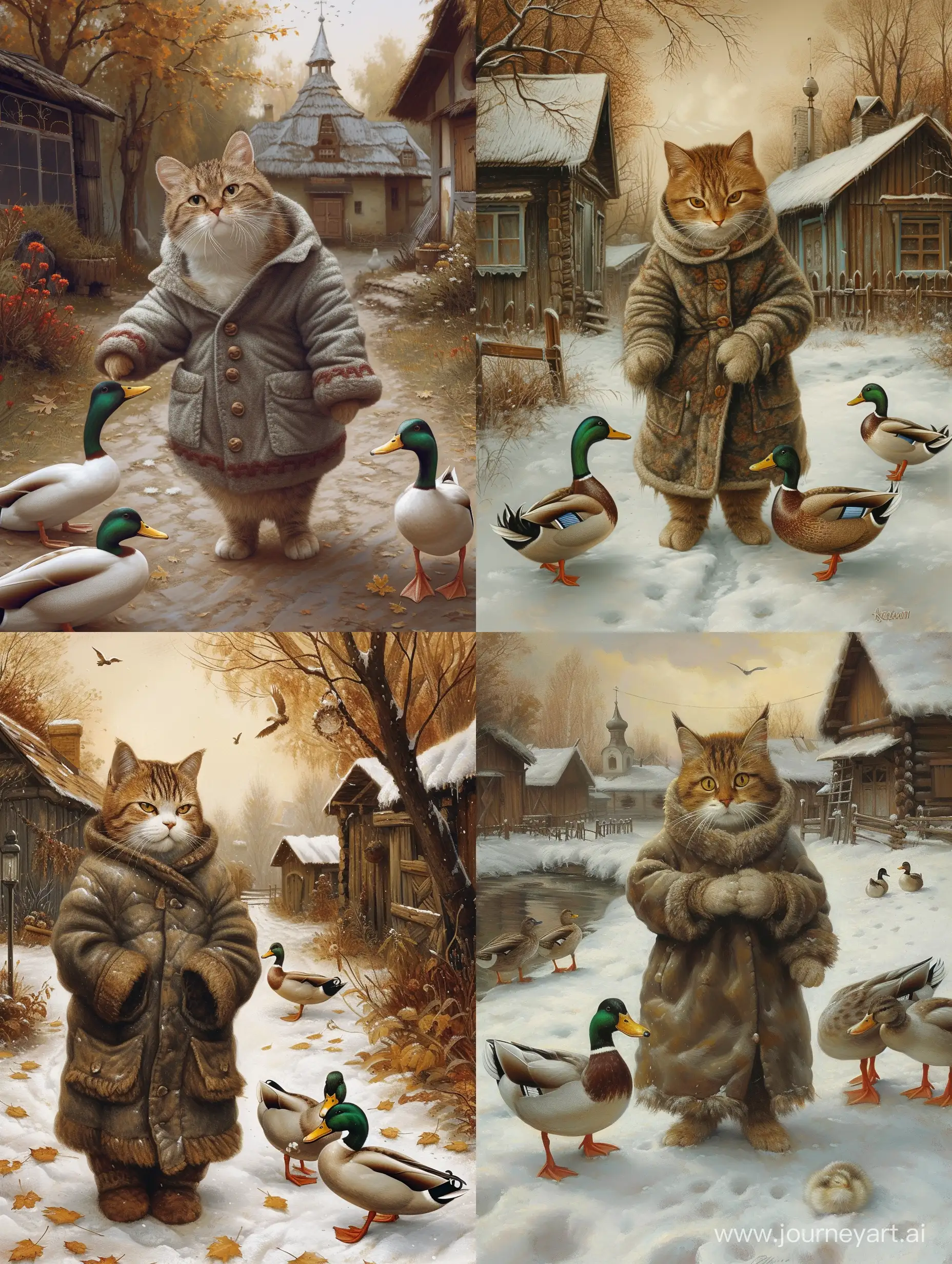 Cozy-Cat-Feeding-Ducks-in-Village-Charming-Home-Scene