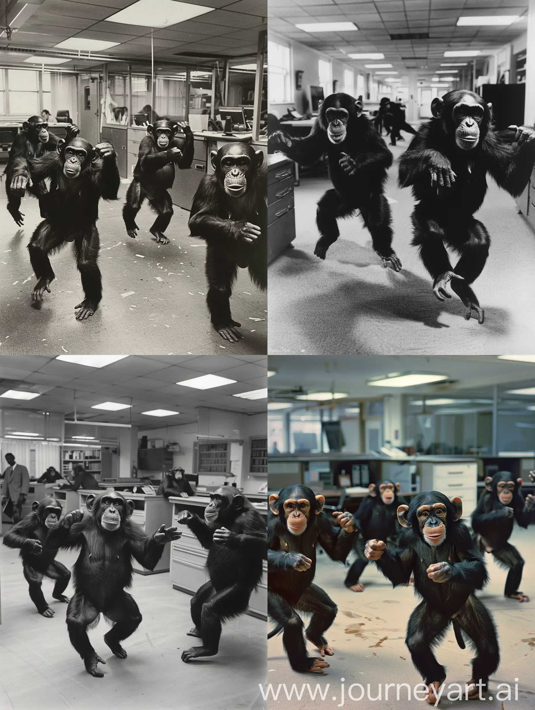 monkeys dancing in an office, 1980