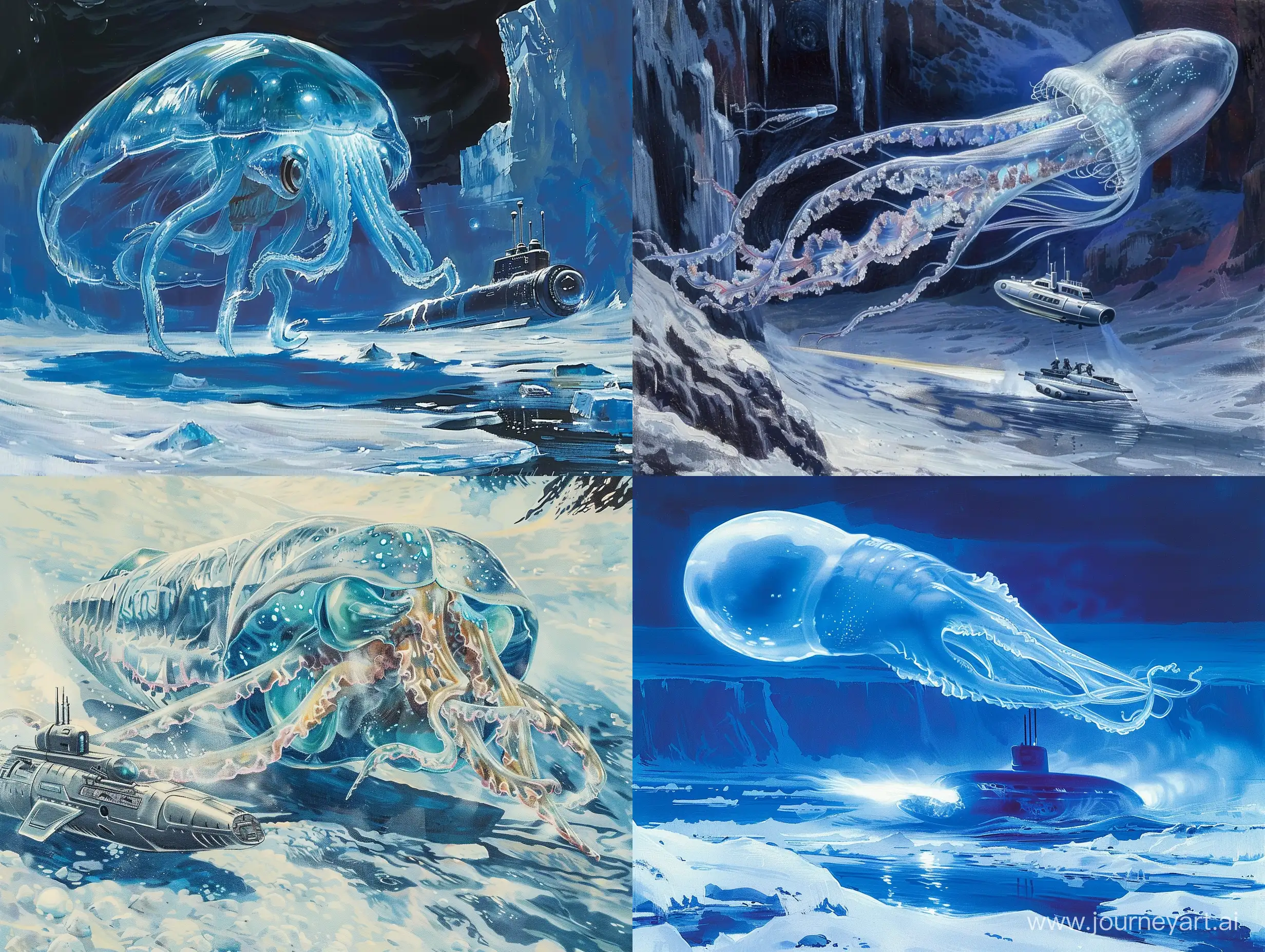 a bioluminescent otherworldly alien creature that is like a cross between a jellyfish and cuttlefish being encountered by a futuristic submarine in the icy oceans of Europa. painted in the style of Ralph McQuarrie. cold colors. retro science fiction style.

