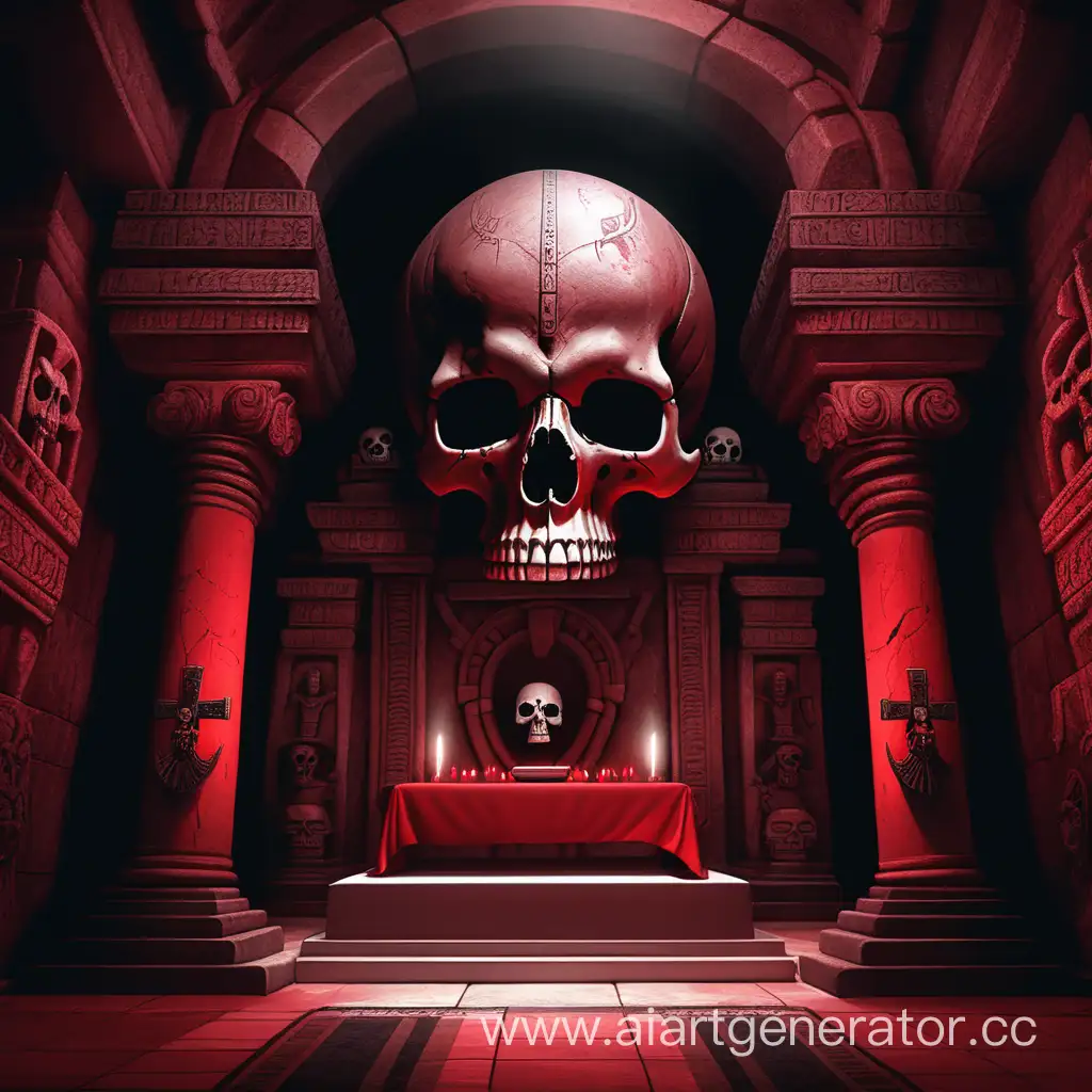 подземный древний храм в красно чёрных тонах с огромным черепом на стене  перед алтарём  злого бога жертвопреношений и убийств 