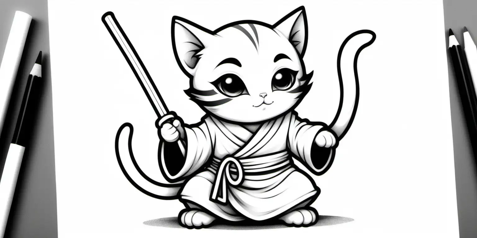 a kitten monk in a action pose with bold black lines and white fill for a coloring book, only black and white, centered on the page
