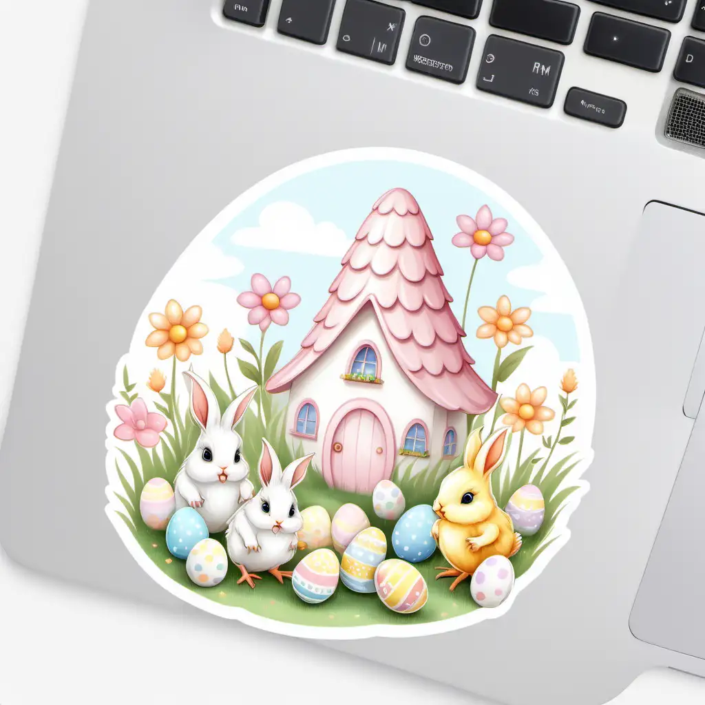 fairytale,whimsical,cartoon,easter house,spring flower field,baby bunnies and chicks
pastel, white background,sticker