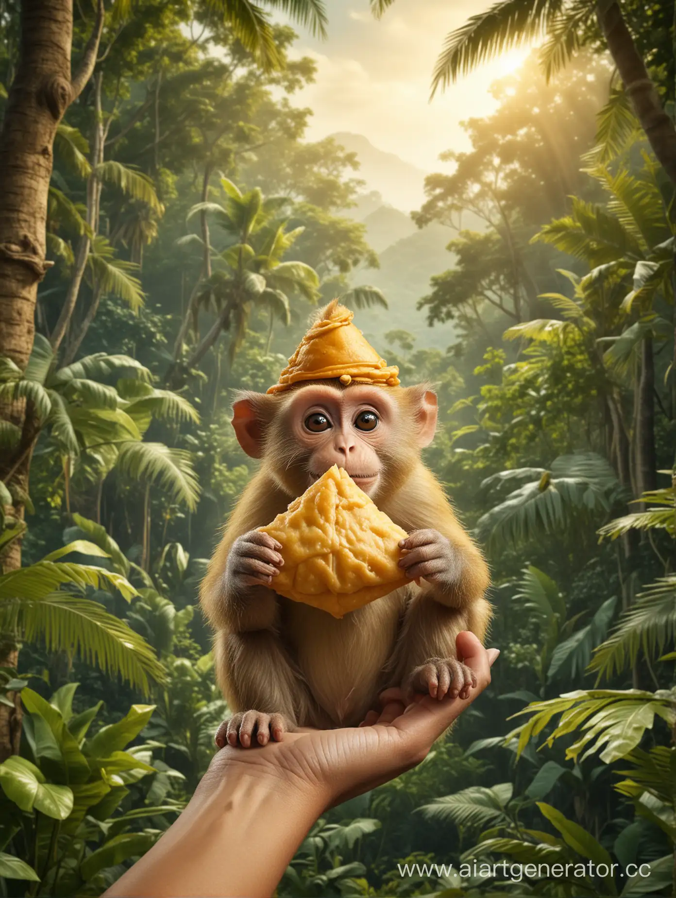 Monkey-Holding-Samosa-in-Jungle-Scene