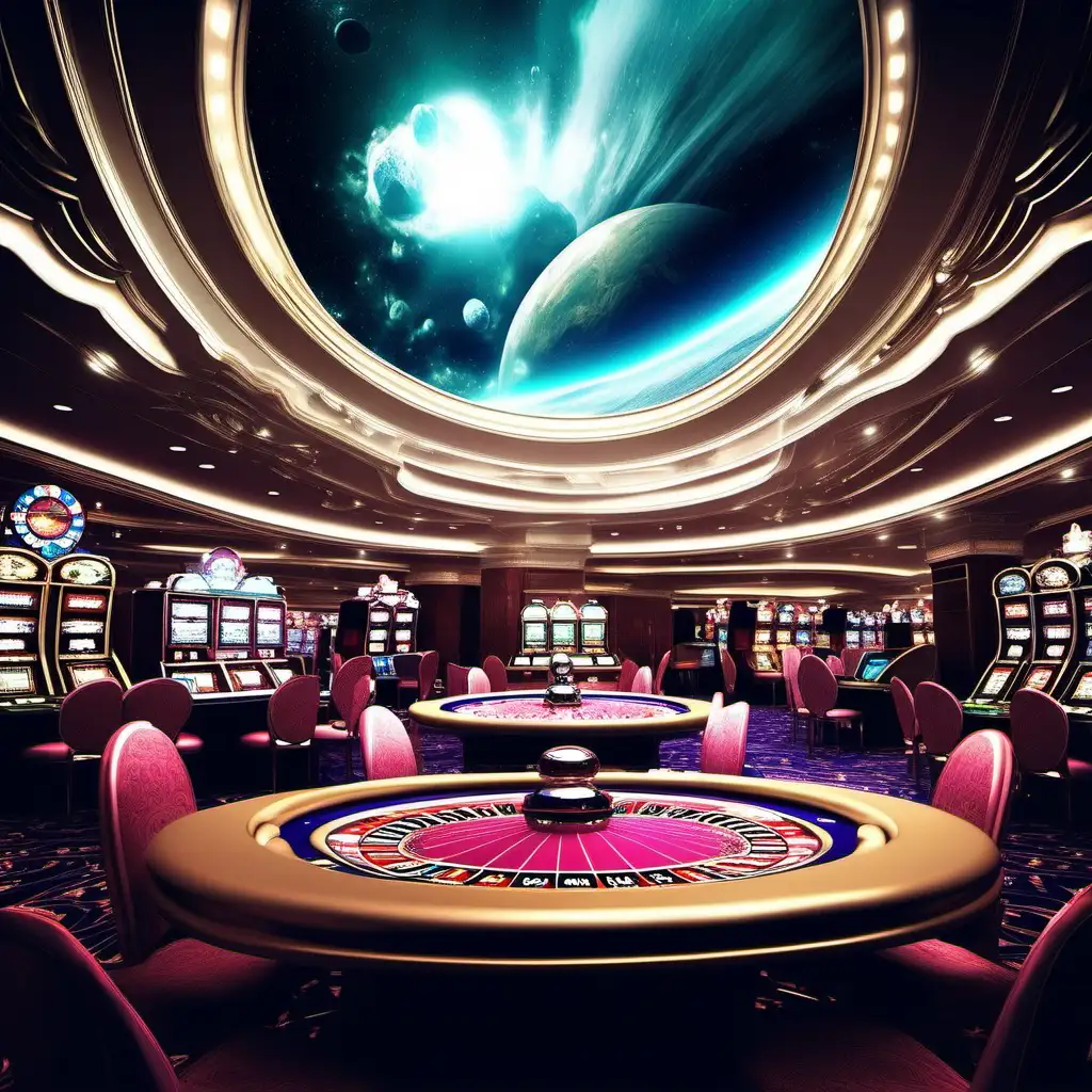 Explore the Multiverse: Unique Destinations for Interdimensional Travelers. Destination 3: The Atmosphere Casino" Your task is to generate a beautiful image that captures the imagination for an interdimensional travel company's website. The image should feature a luxurious futuristic casino located in the clouds above a planet, and include customers in the image exploring the casino. Make sure the image is photo realistic and includes people

