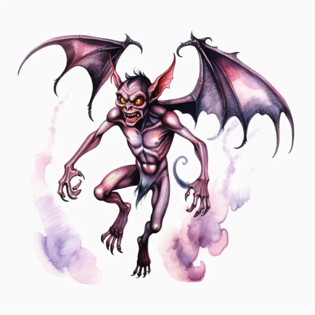 demonic flying imp, dark watercolor drawing, no background