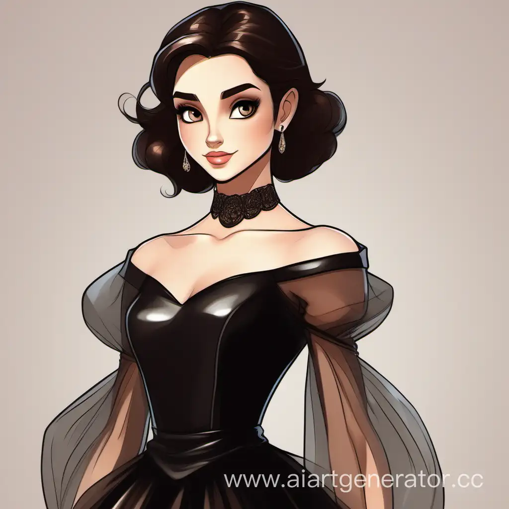 Девушка с темно-коричневыми волосами, миндалевидными глазами тёмно-коричневого цвета. Одета в чёрном платье с прозрачными чёрными рукавами,  и на каблуках.  В стиле принцесса мультика Disney.