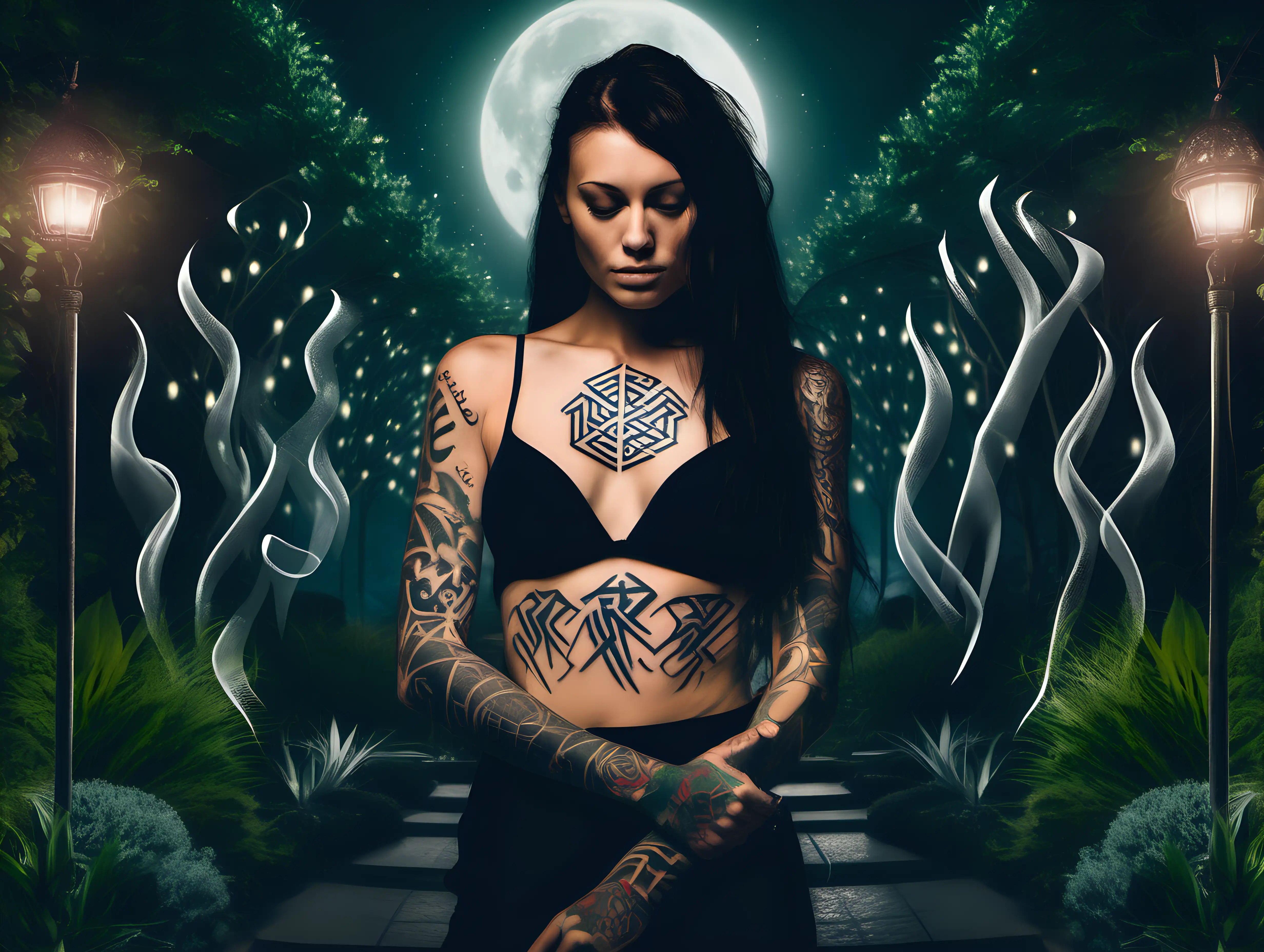 image of a female human with draconic runes tattooed on arms and body, in a beautiful garden lit up by the moonlight