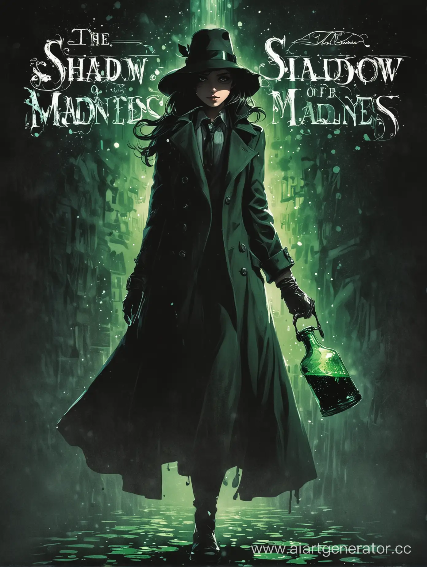 Обложка для книги: Тень Безумия, детектив девушка лет 25-30 стоит и видит черную тень держащую в руках колбу с зелёной сверкающей жидкостью