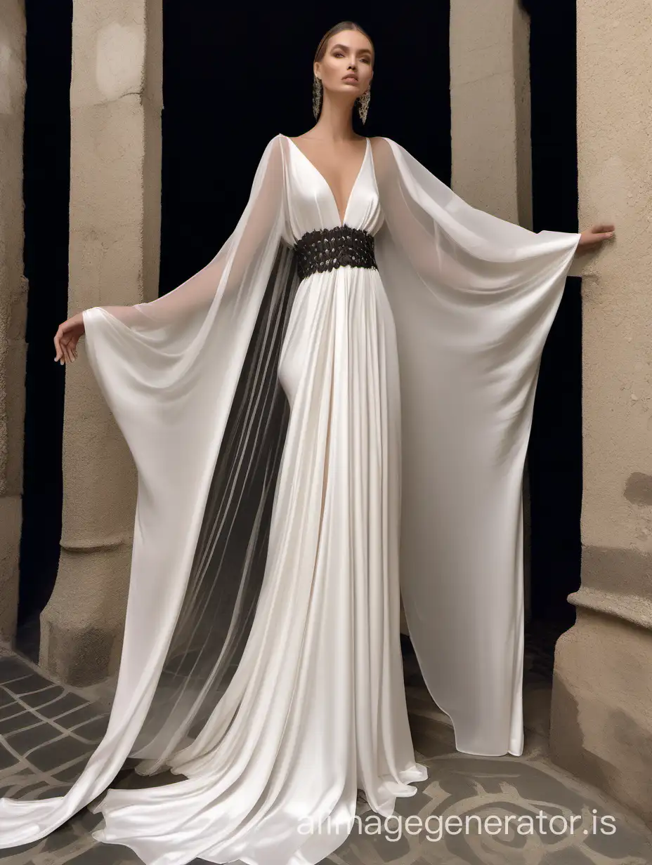 elegant long white silky dress with wide long sleeves and square neck line, decorated with a transparent draped white veil. high-quality, detailed, elegant, ethereal, black and beige tones, RAW