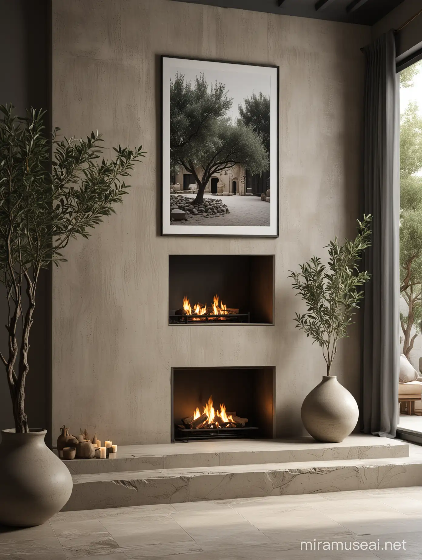 A gorgeous dark academia contemporary close up black framed black poster mockup with a minimal but rustic interior design grey wall with huge stone elements, including a contemporary fireplace with a Wabi Sabi huge vase in white sand finish as decoration with olive trees, huge windows in the magazine style of ARCHITECTURAL DIGEST, a high quality architectural visualization, using 3D modeling software with photorealistic materials and advanced lighting techniques to showcase the intricate details and modern look of the room
