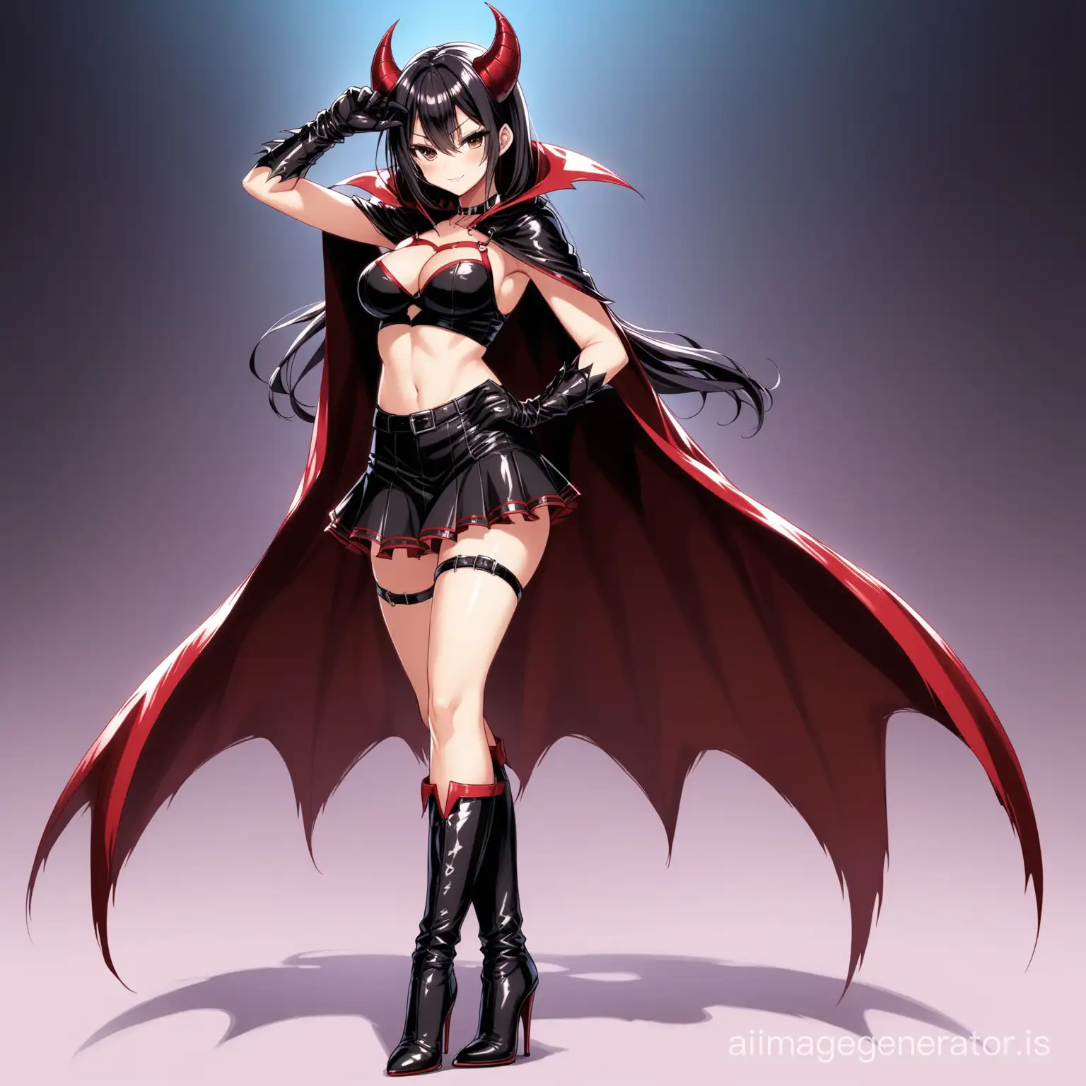 hot anime girl in an attractive demon costume wearing a croptop, skirt, long leather boots heels, long leather gloves and a cape