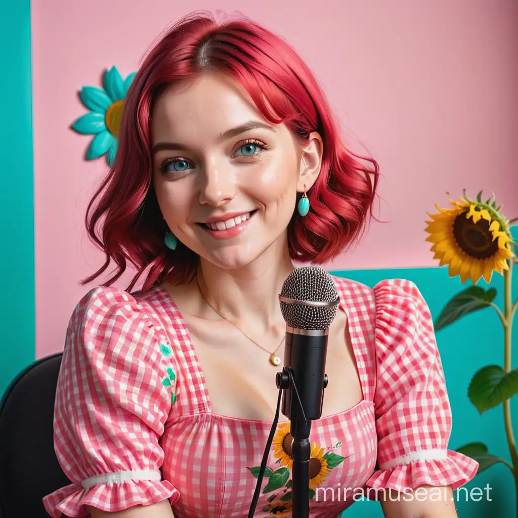 Podcast Host in Vibrant Gingham Dress with Sunflower Microphone