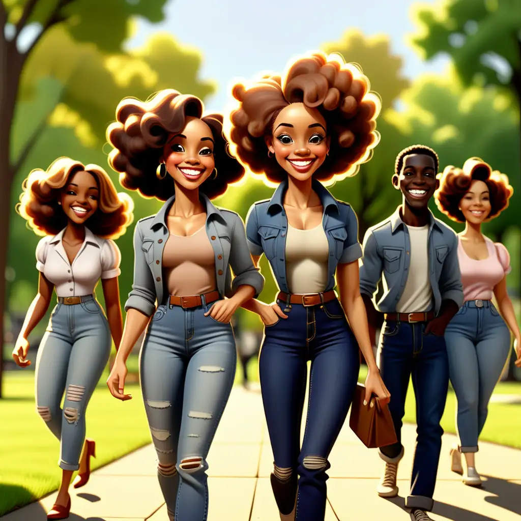 1900s cartoon-style light-skinned African Americans walking in jeans to the park smiling