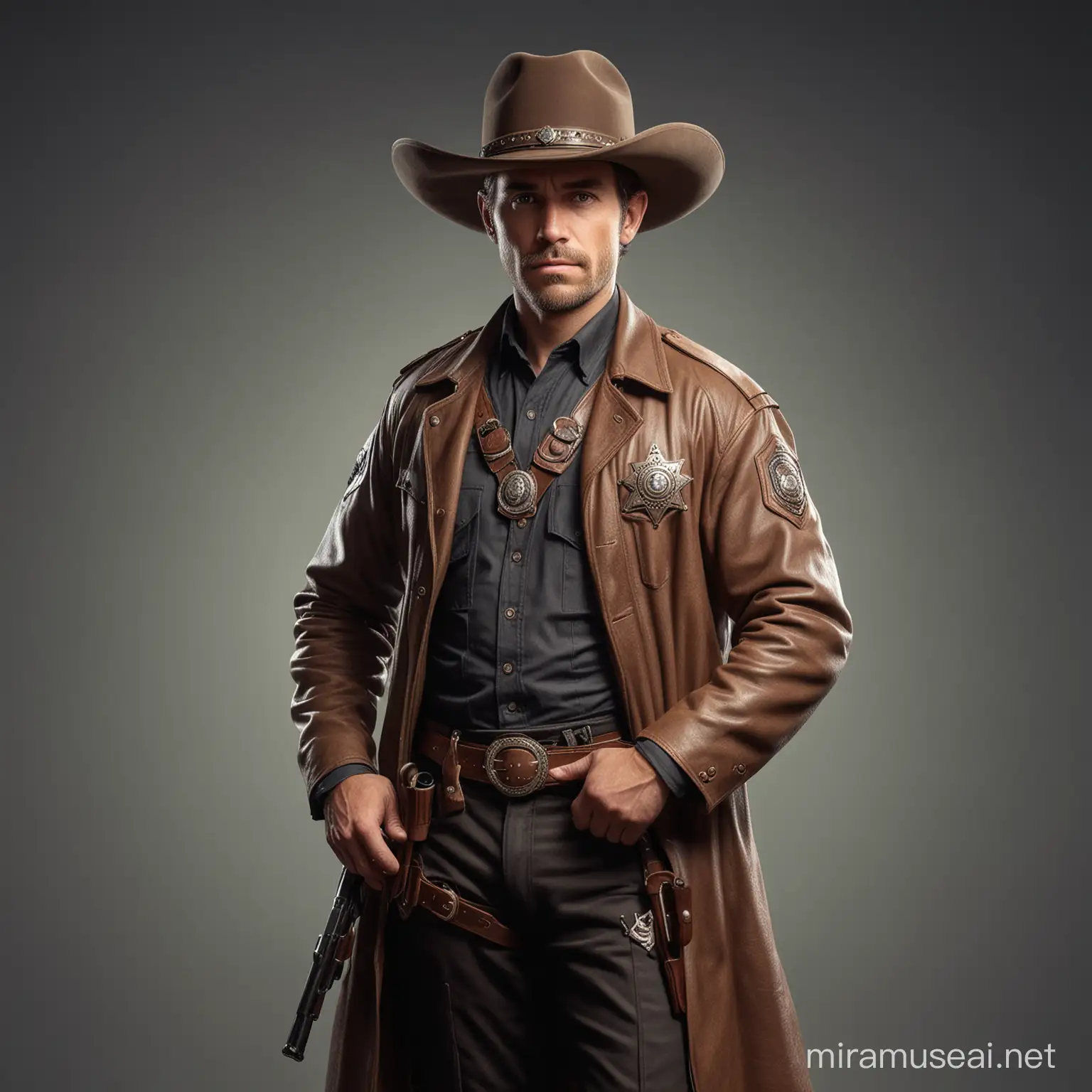 a handsome sheriff in western style, complete with a firearm, wearing a hat adorned with a large badge, standing at full height