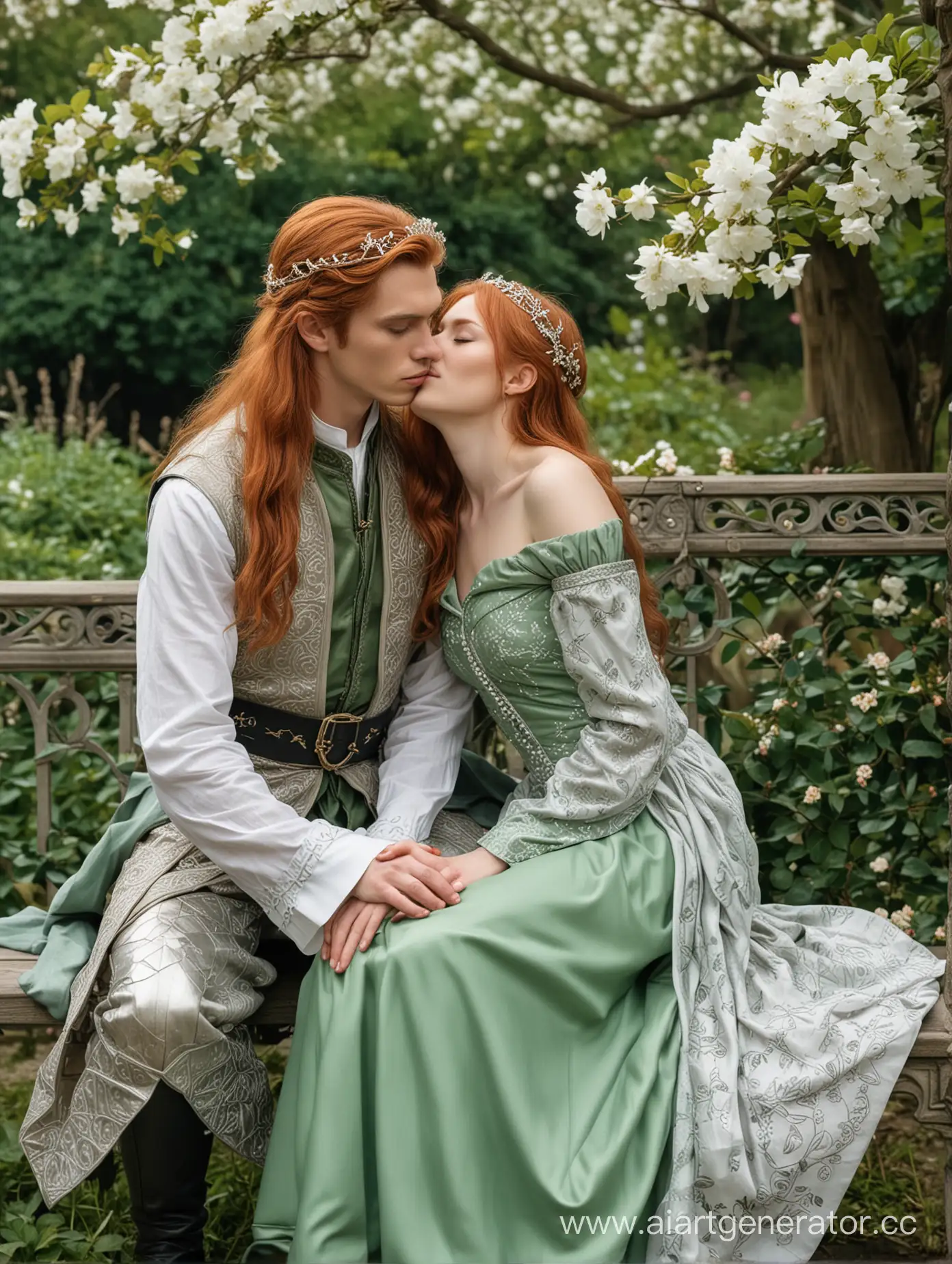 An elf woman, long red hair, a platinum tiara of intertwining twigs on her head, green eyes, pointed chin, dressed in a green dress with silver patterns, open shoulders. He is sitting on a stone bench, crossing his legs and resting his head on the shoulder of an elf man. An elf man with long copper hair, blue eyes, a platinum crown of intertwining twigs on his head, dressed in a white shirt and a silver doublet with leather inserts, dark trousers covered with a tunic, sits on a bench next to a woman, with one hand removing a lock of hair from her face. On the background there is a garden with blooming sakura trees, maples, bushes of white roses and blue hydrangeas