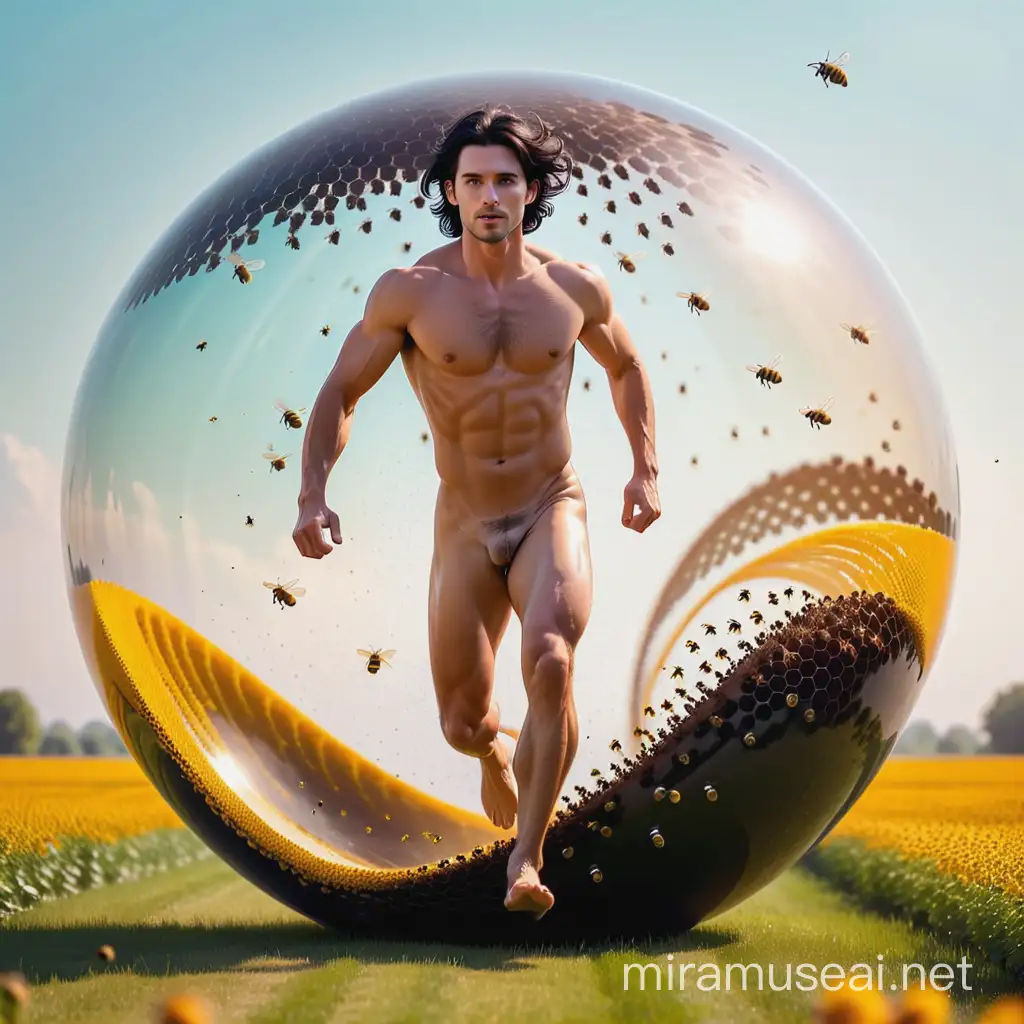 Beautiful dark haired man,running in a round sphere,naked, bees background 