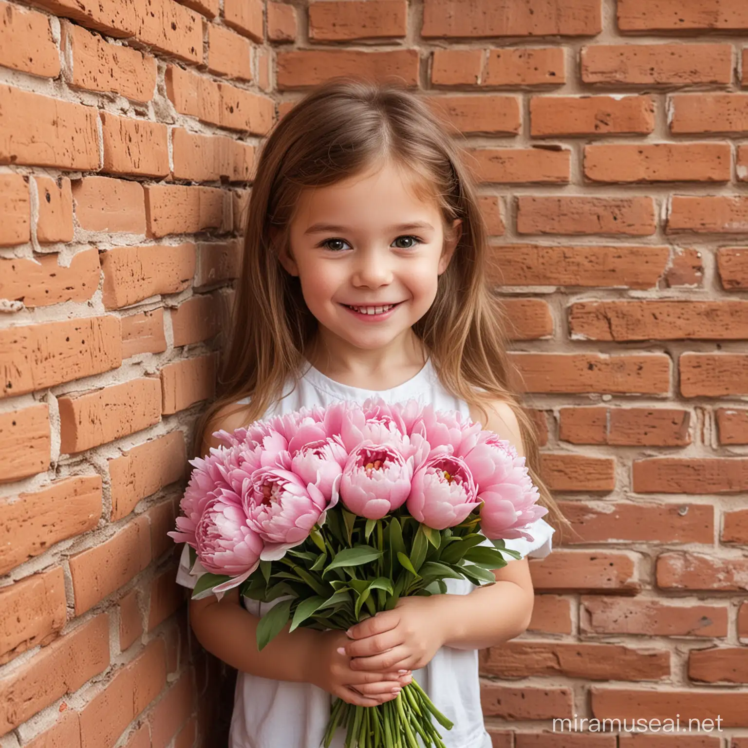 An adorable little girl, amiable, shy and smiling, half-hidden behind a wall comes out to offer a pretty bouquet of spring flowers with peonies: fur details, flowers, red brick wall; She seems to be saying to us: there you go, I love you.