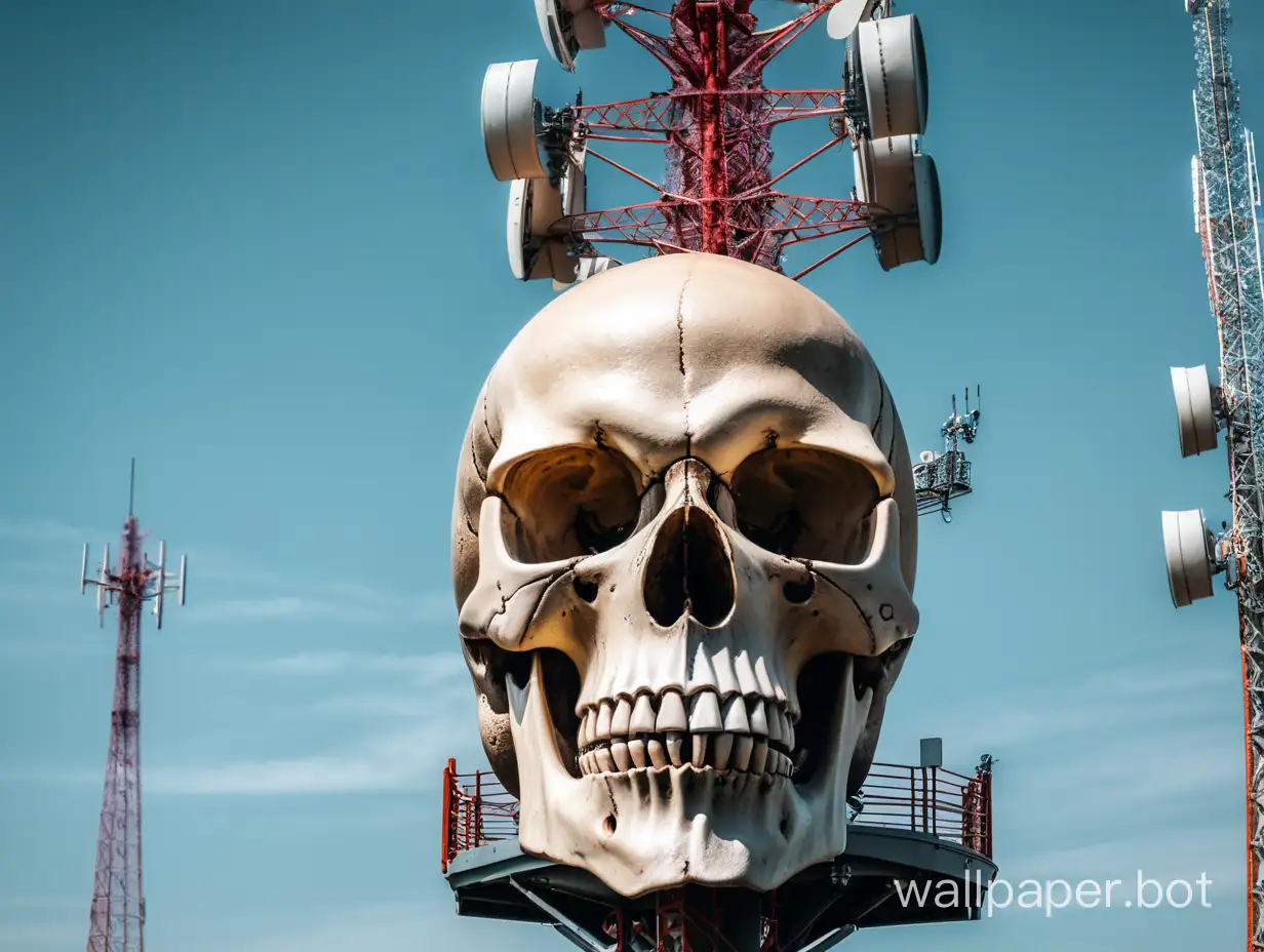 A big skull on which a 5G cell tower is standing