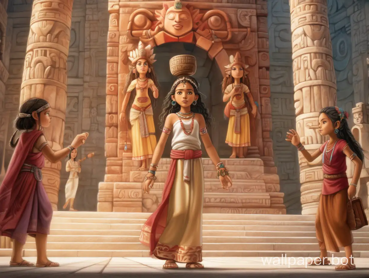 богиня хитрости Майя весёлая девочка 12 лет в полный рост хулиганит в храме