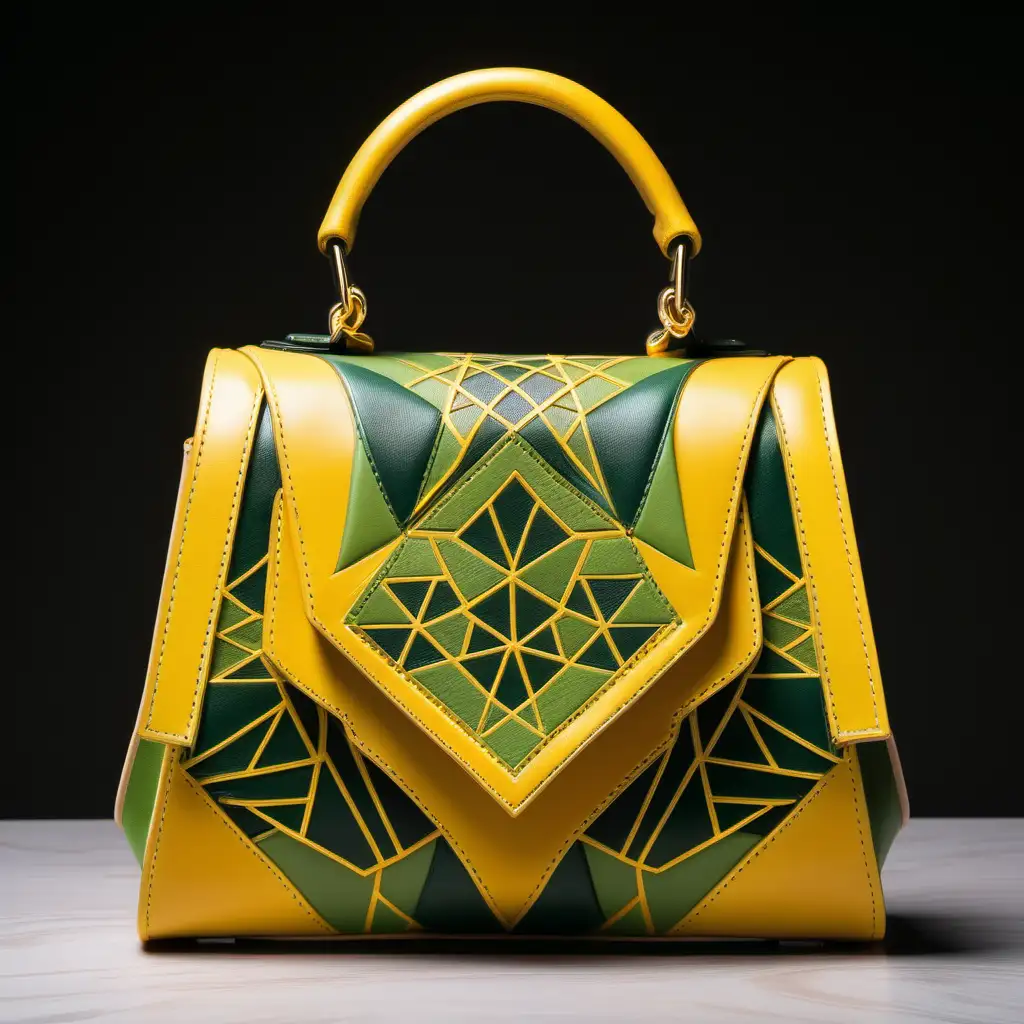 Mini luxury leather bag - frontal view - arabesque inserts color contrast with geometric design- yellow and green shades