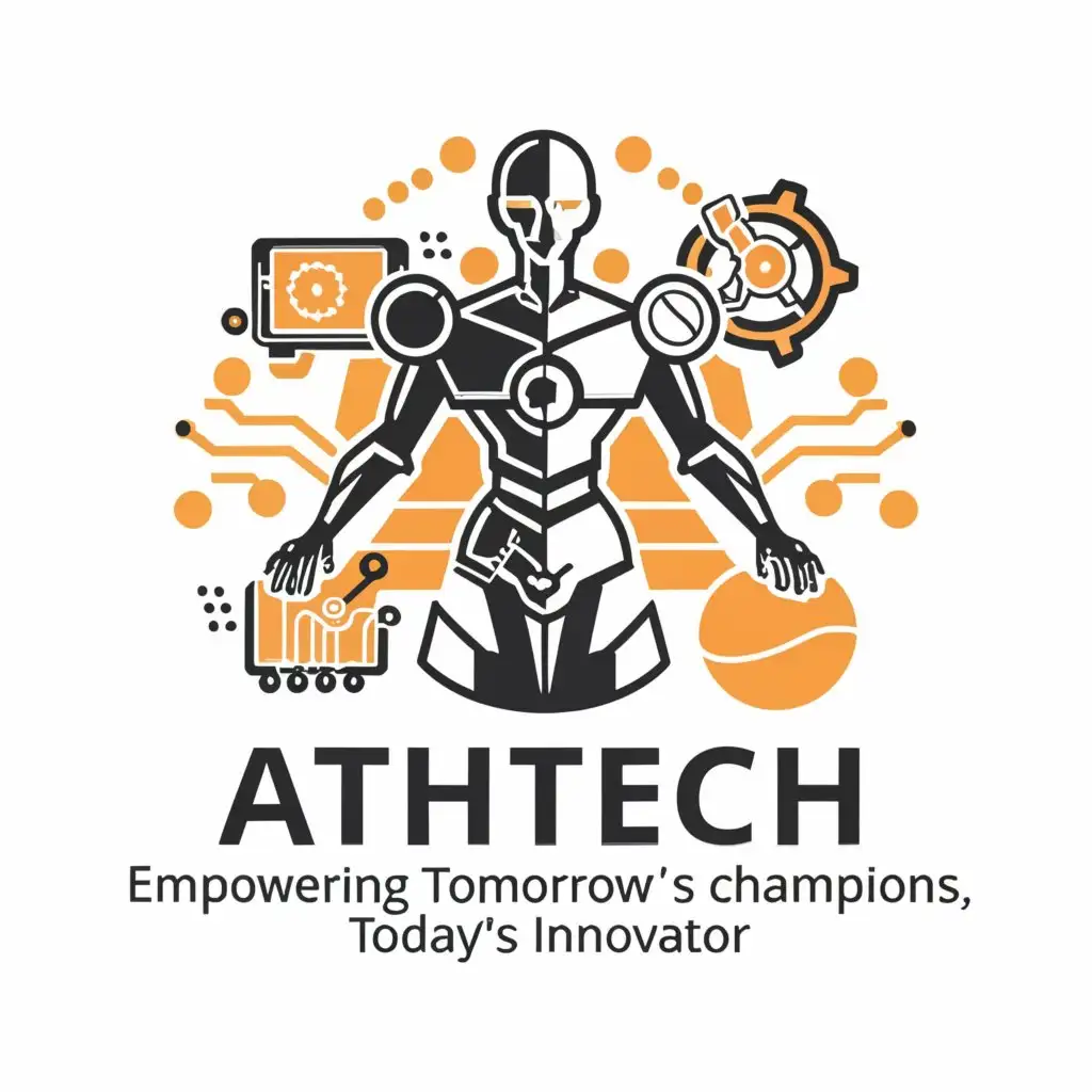 a logo design, with the text 'ATHTECH: EMPOWERING TOMORROW'S CHAMPIONS, TODAY'S INNOVATORS!', main symbol: athletes, sports, robot, technology, Moderate, clear background correct the spelling of slogan