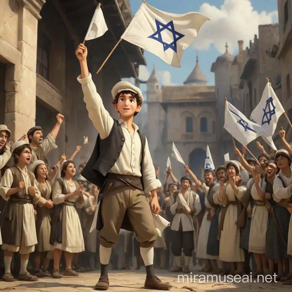 A Jewish young man in 19th century costume stands proudly holding up a white flag, with people cheering around him. He has a kippah on his head and small paces on his temples. We see him full-length, with arms and legs. In the style of 3d animation, realism.