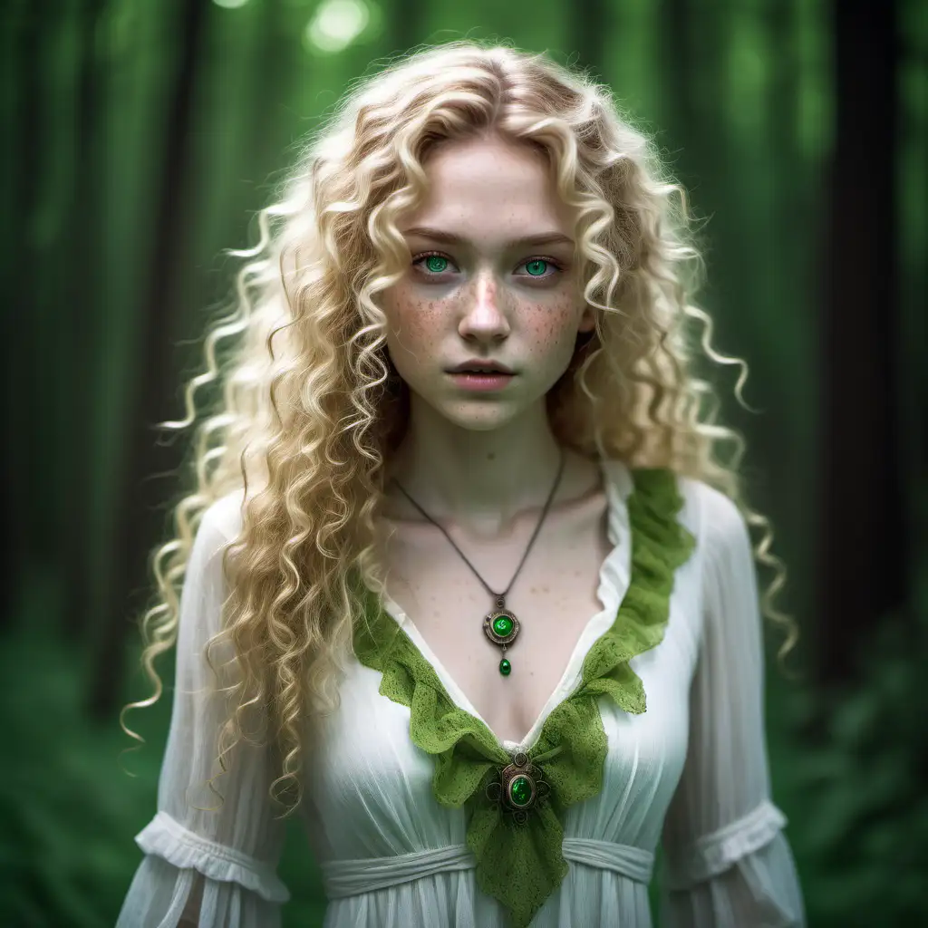 Enchanting Blonde with Curly Hair and Fantasy Amulet in White Dress