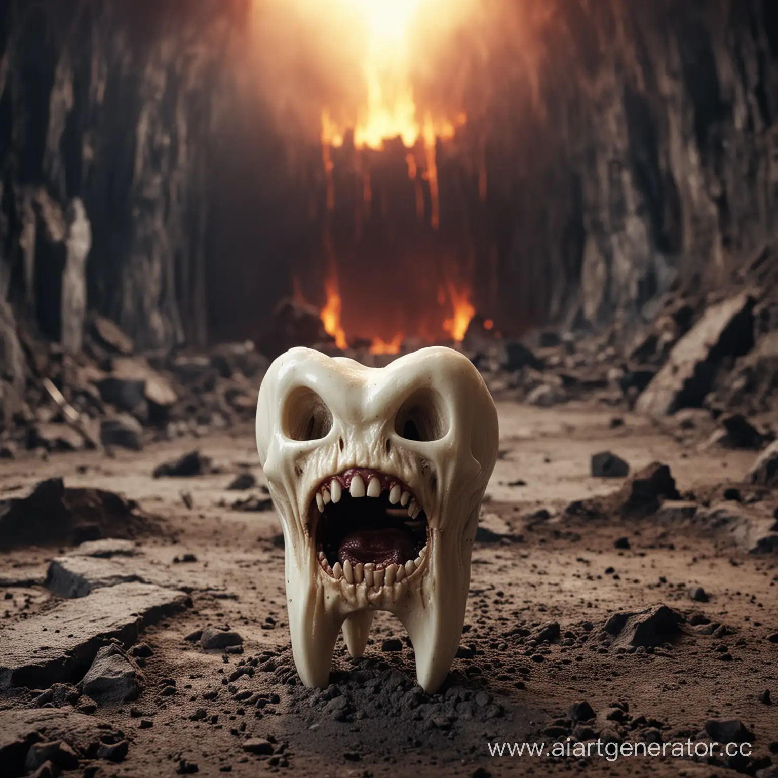 Зуб выглядищий как демон на фоне ада