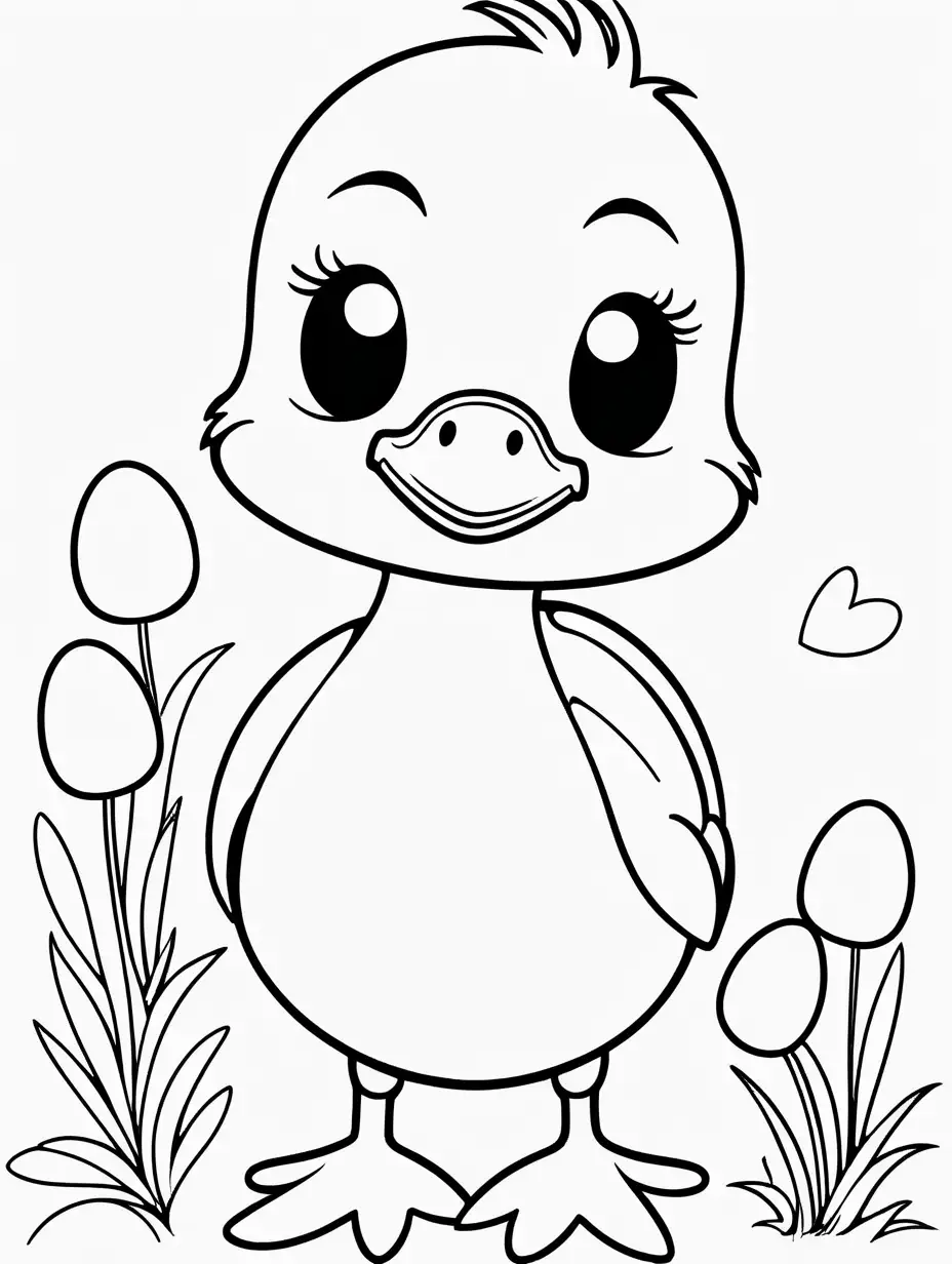 Very easy coloring page for 3 years old toddler. Easy easter duck. Without shadows. White background.