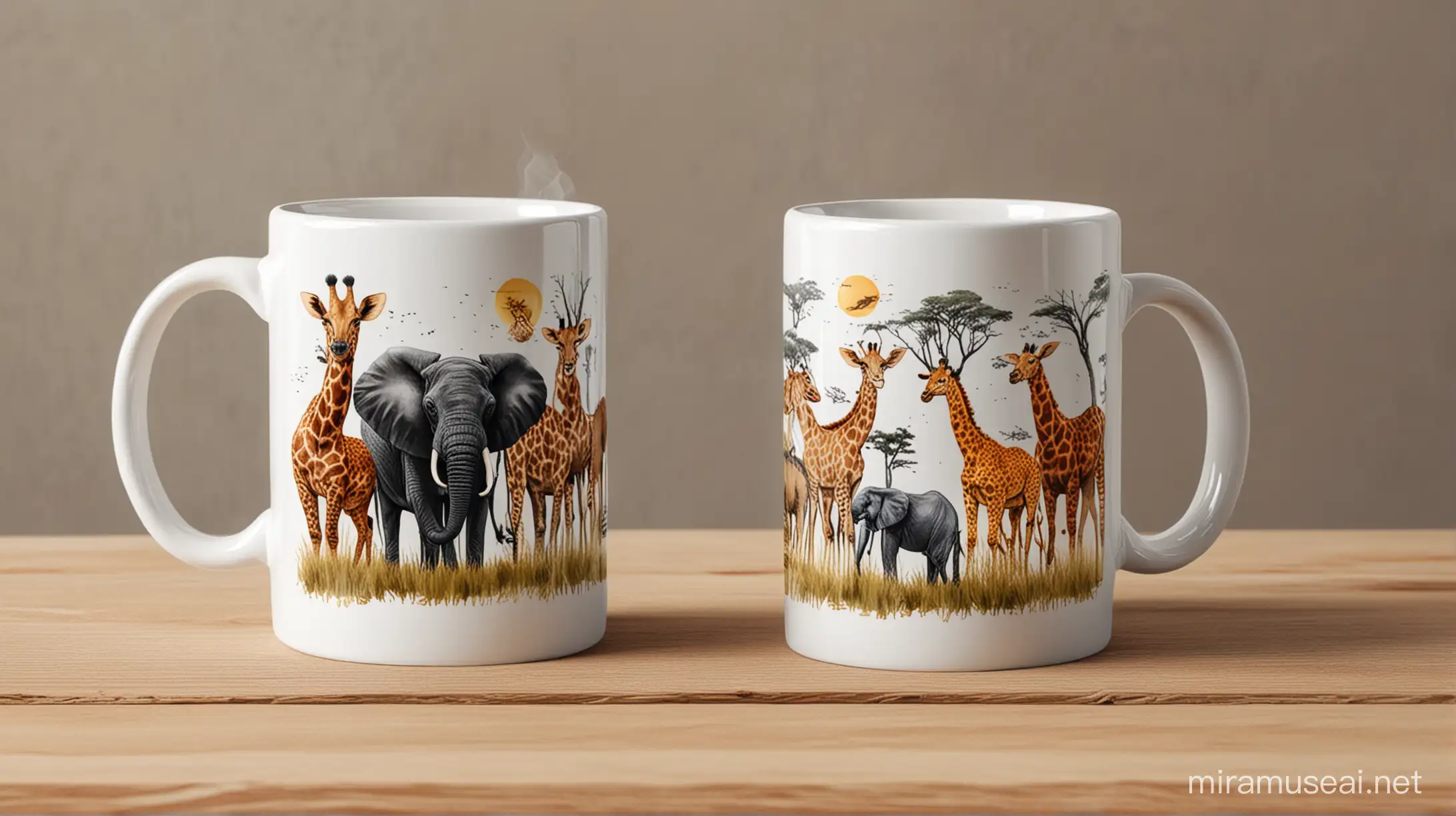 African animals on a coffee mug drinking coffee.