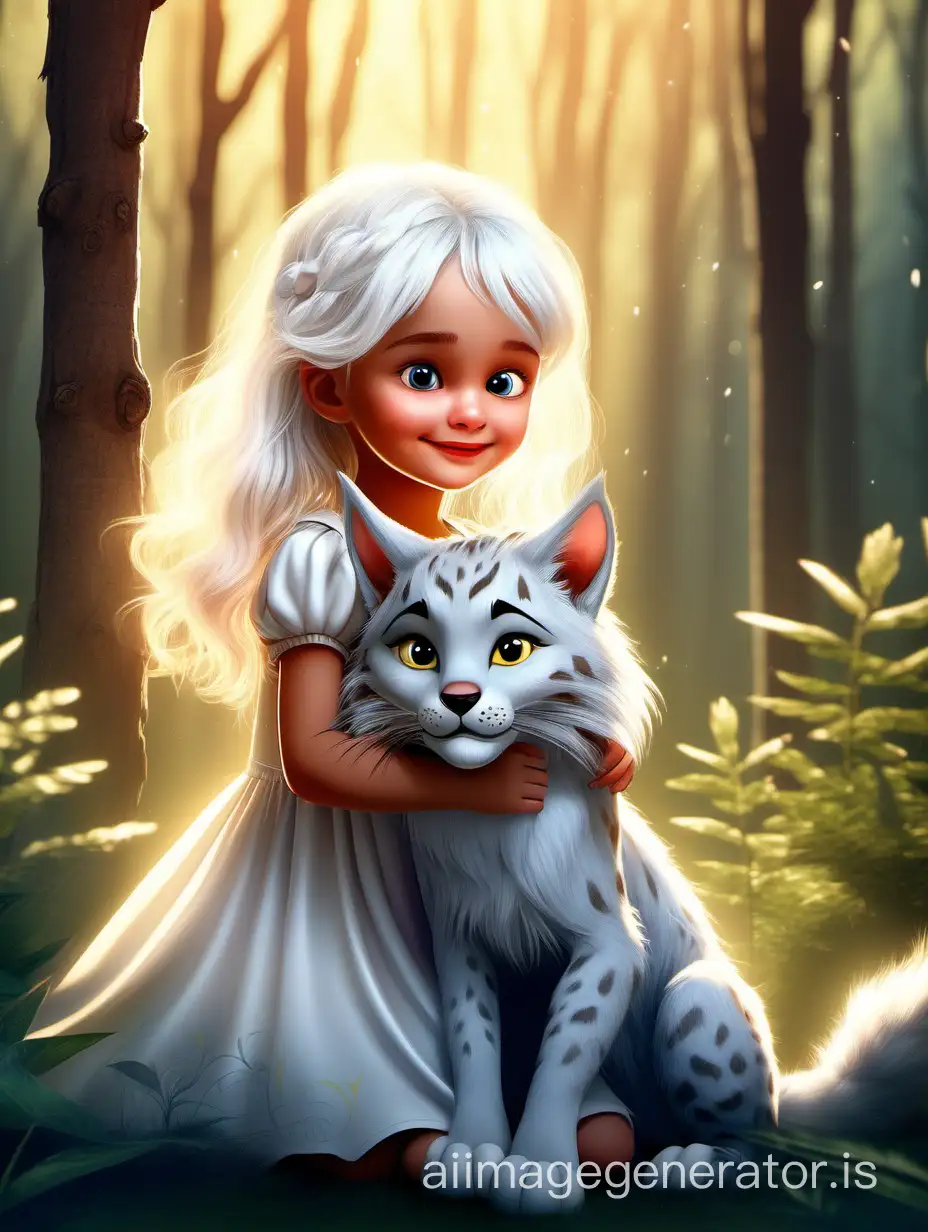 Маленькая девочка с белыми волосами в белом платье на лесной полянке в лучах солнца обнимает рысь в стиле дисней