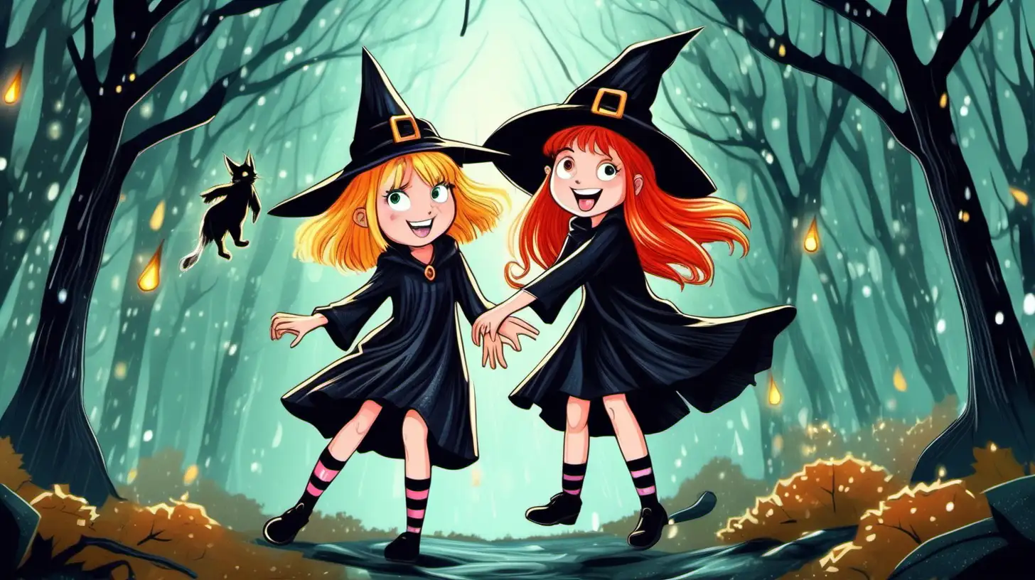  A ten-year-old long  red-haired witch and Her blonde short bob haired witch friend dancin with rain in magic forest . They are both dressed in witch clothes and wearing witch hats