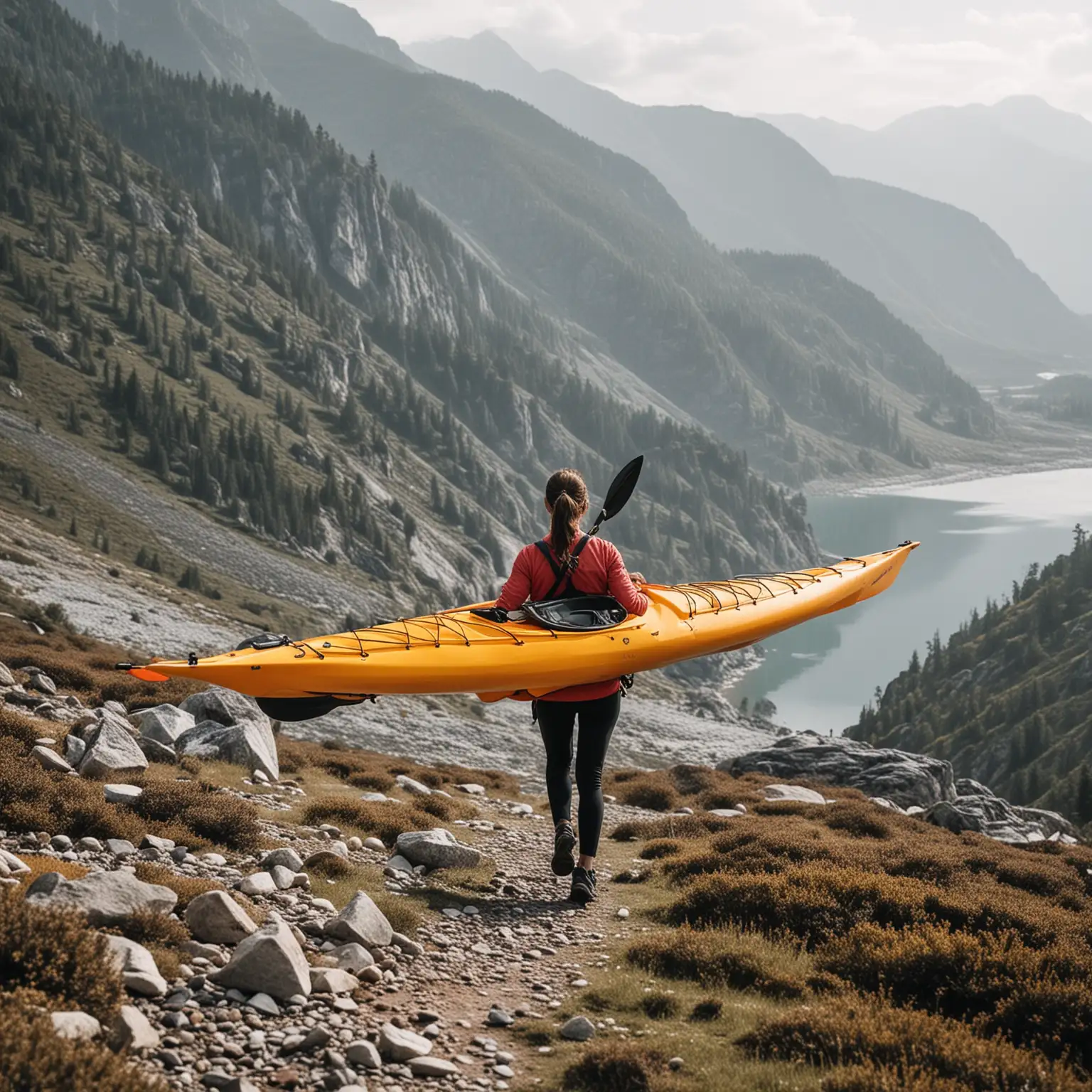 woman carrying kayak in mountains