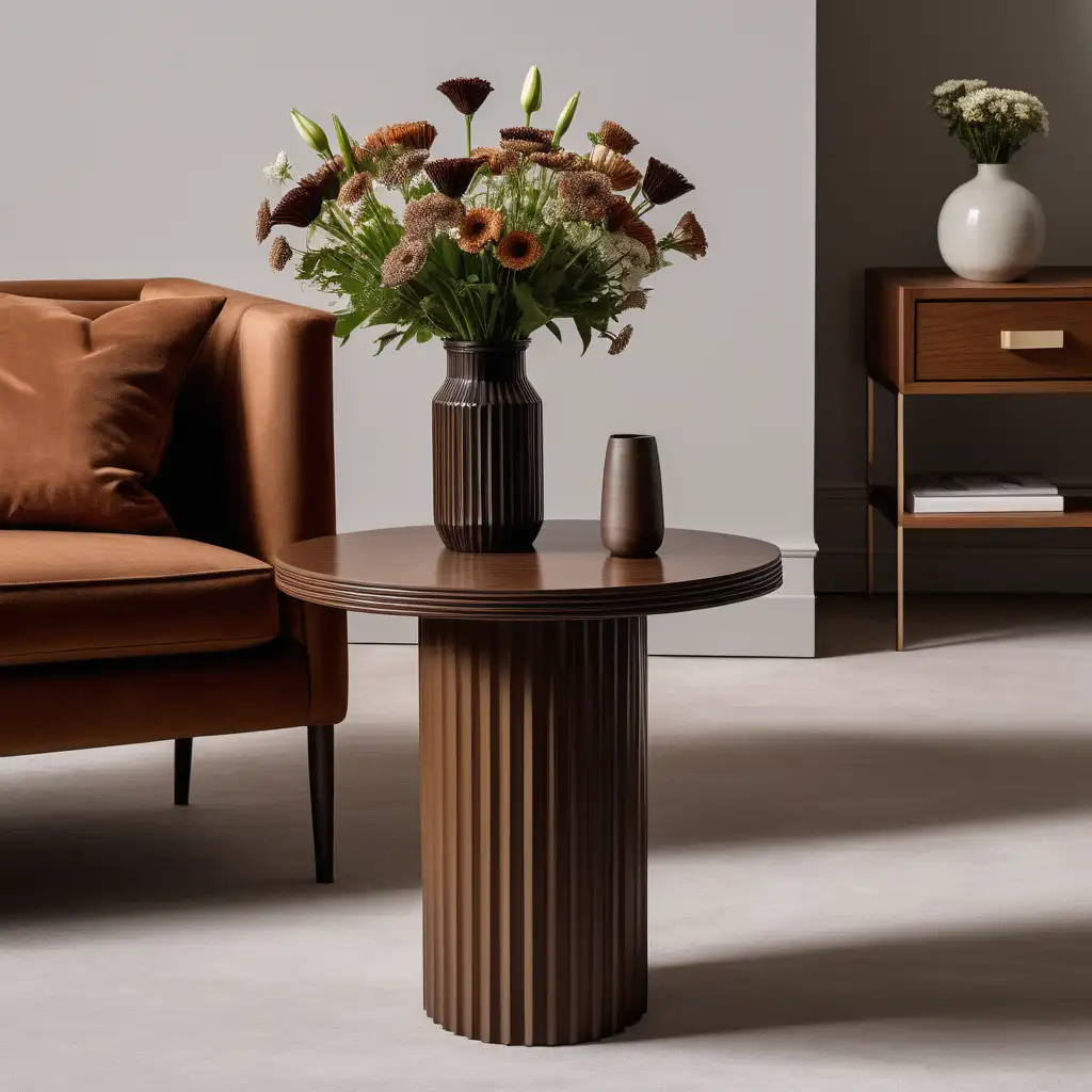 A product photography picture of a brown circle side table with a fluted base and flat table top in the centre of a contemporary living room with a vase of flowers on top of it.