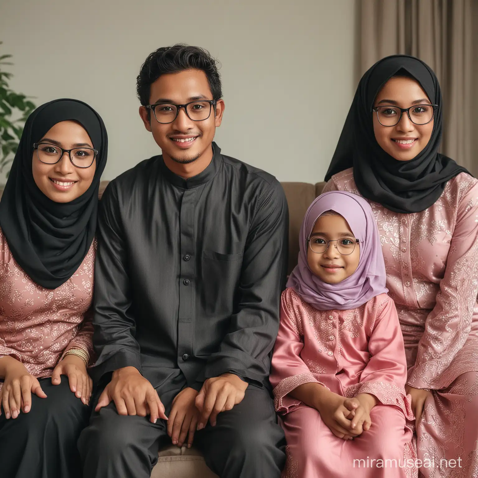 There are 4 Indonesian families. Male (30 years old): Clean face, long curly hair, and reading glasses. black pants 30 year old woman (fat): Wearing a hijab, wearing glasses, kebaya Girls (7 years): wear hijab. kebaya clothes Grandmother (70 years): Also wearing a hijab, kebaya, with a dark impression. Background: sitting on the sofa in the living room, whole body, all smiling sweetly looking at the camera in ultra HD.