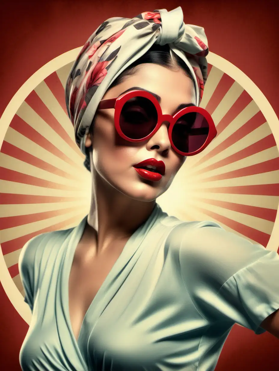 Latina Woman with flare and sassy attitude, in a sassy pose, red glossy lips, pastel colors, big dark sunglasses and a head scarf Hollywood style, Hollywood Princip style of the 1930's, vintage. No hands. Arms  down, Perfect symetrical circle of light behind the womans head, Realistic illustration