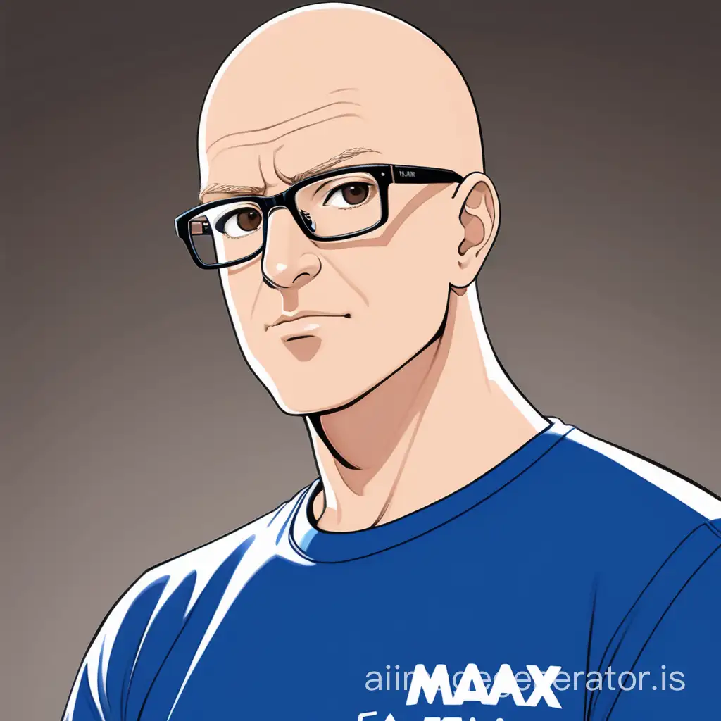 Anime-style portrait of a warm, focused, professional, intelligent and strong looking white bald man in his 30s with a fat baby face and large dark brown eyes and straight brown thick eyebrows wearing large thick black glasses and a royal blue t-shirt that with "MAX" and "LATAM" written in white on the t-shirt.