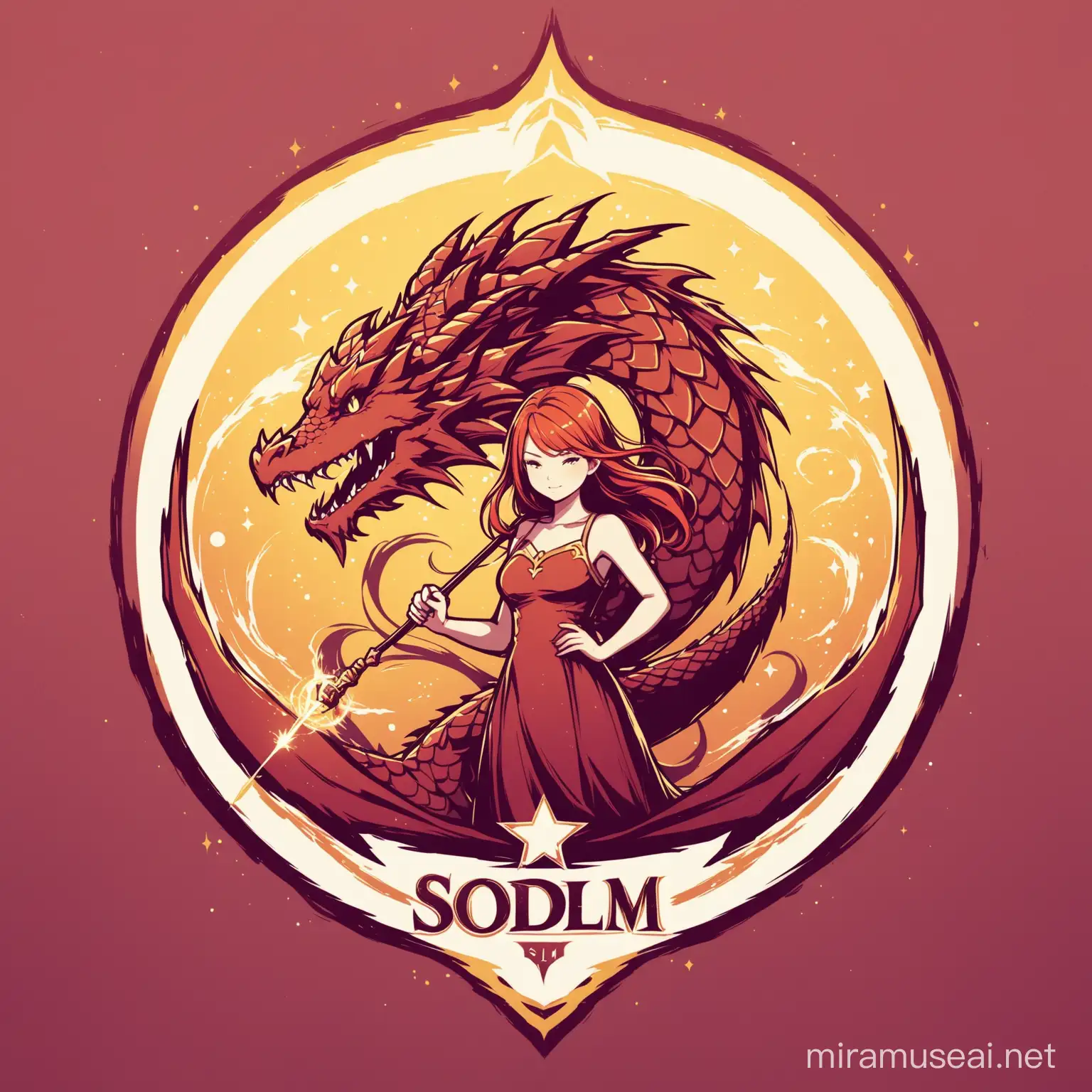I want a logo called SODLM with the theme of a girl holding a wand. Behind there will be a dragon.