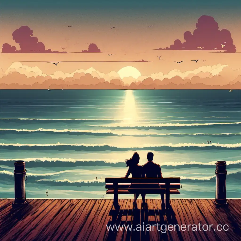 романтический пейзаж с морем, пляжем и парой, сидящей на причале
