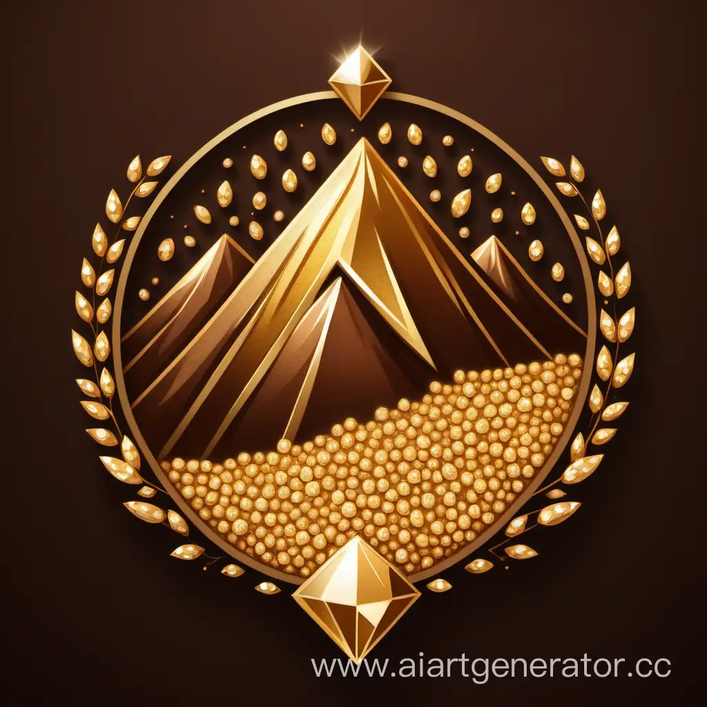 Логотип , на коричневом фоне, гора из алмазов золотых и зерен золотых