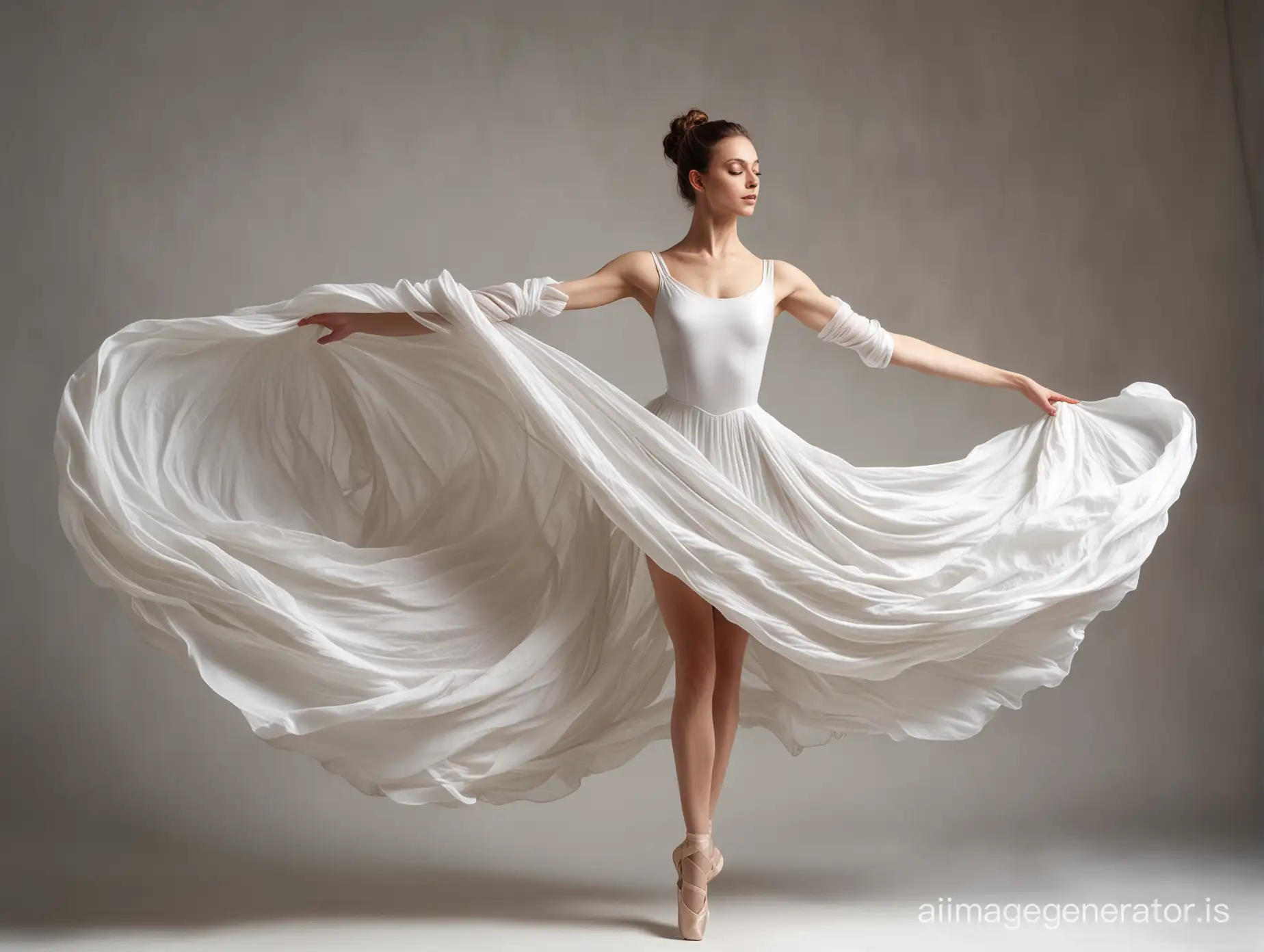 A young beautiful ballerina in a ballet grand jete leap, full length, wearing a long dress, muse of art, surrounded by flowing white silk fabric, intricate folds, dynamic pose, primal energy, high resolution, fashionable photoshoot, Laocoön, complex lighting