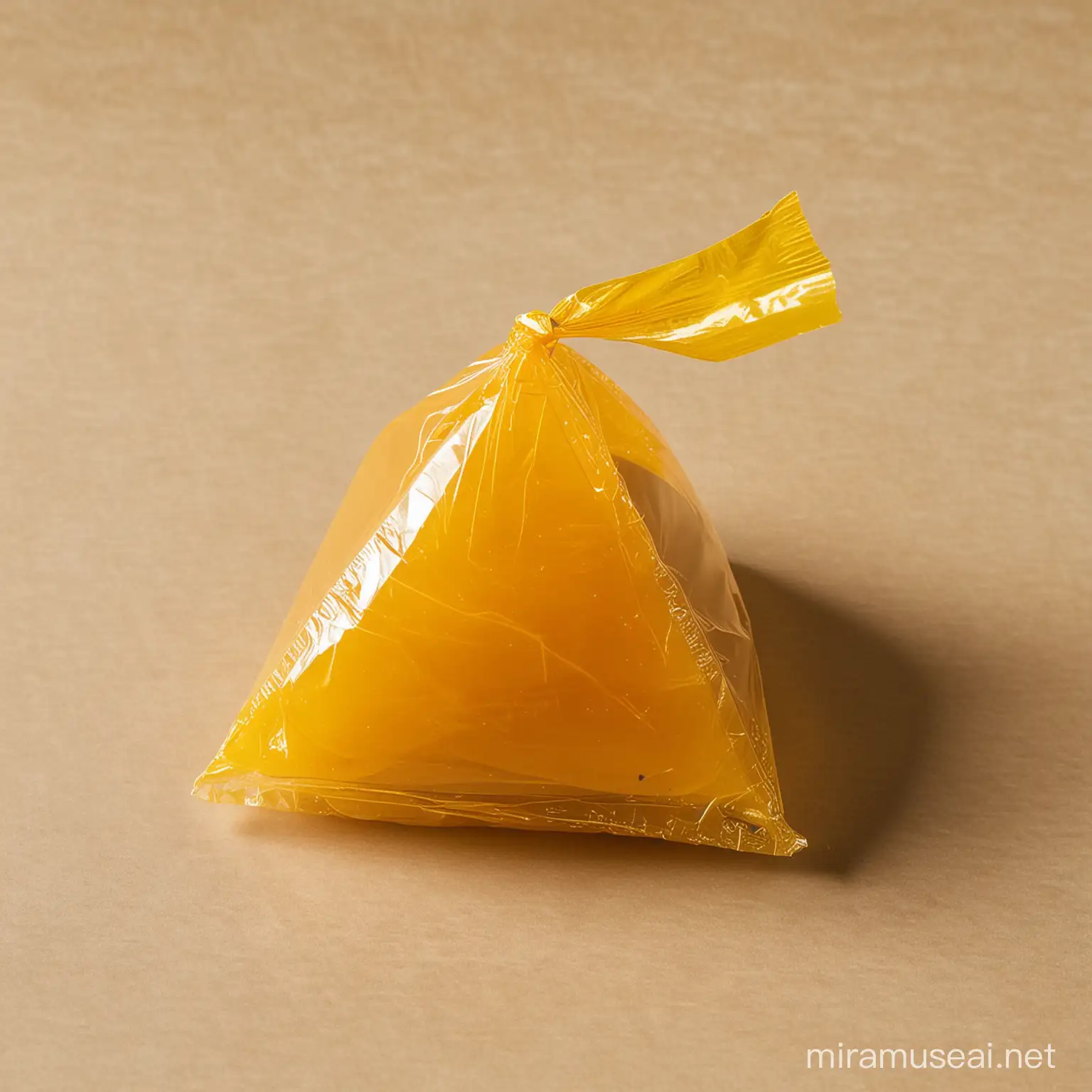 a filipino yema shaped in a pyramid form wrapped in a yellow cellophane 