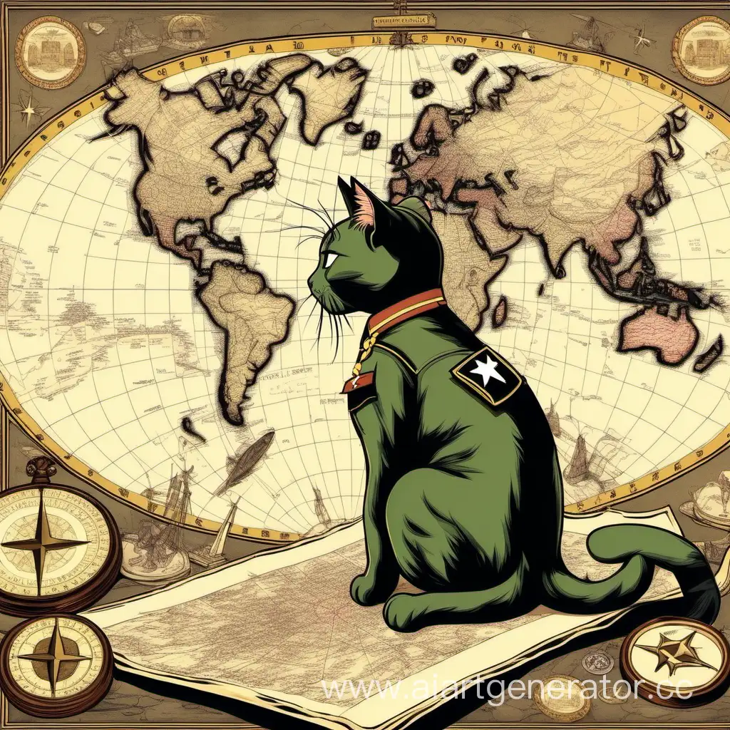 Military-Kitty-Contemplating-an-Antique-World-Map-on-a-Battlefield